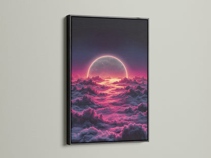 The celestial moon artwork is presented in a black frame. Pink and purple hues create a dreamy aesthetic. Ideal for modern bedroom decor. The moon canvas is a cosmic focal point. Add depth and style with this space-themed art.