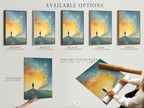 Available options for the Surreal Journey artwork are displayed. Options include a stretched canvas print a fine art poster paper and a floating frame.  Artwork shows a figure on a path. Choose the perfect format to suit your style and space.  Elevate your decor today.