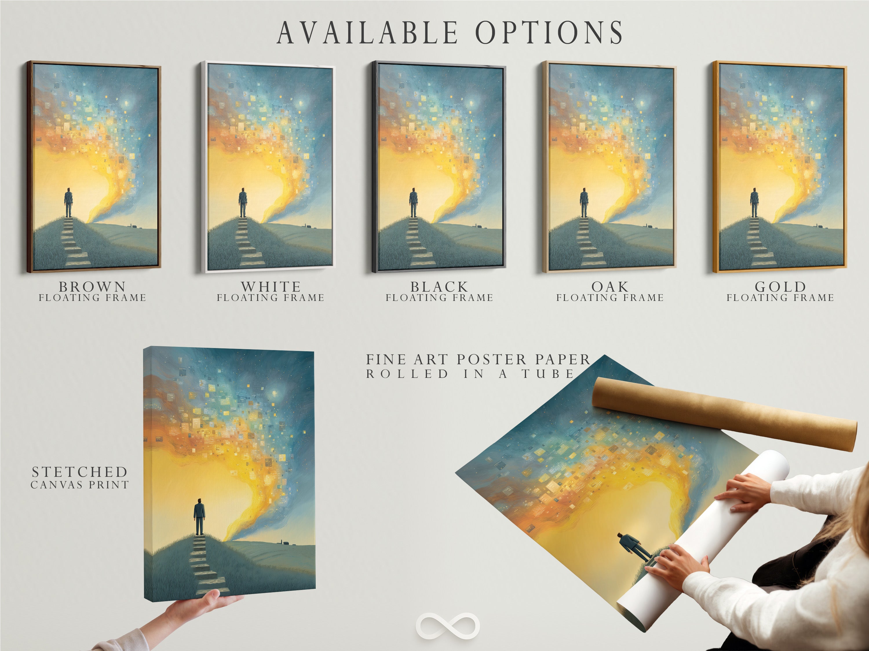 Available options for the Surreal Journey artwork are displayed. Options include a stretched canvas print a fine art poster paper and a floating frame.  Artwork shows a figure on a path. Choose the perfect format to suit your style and space.  Elevate your decor today.