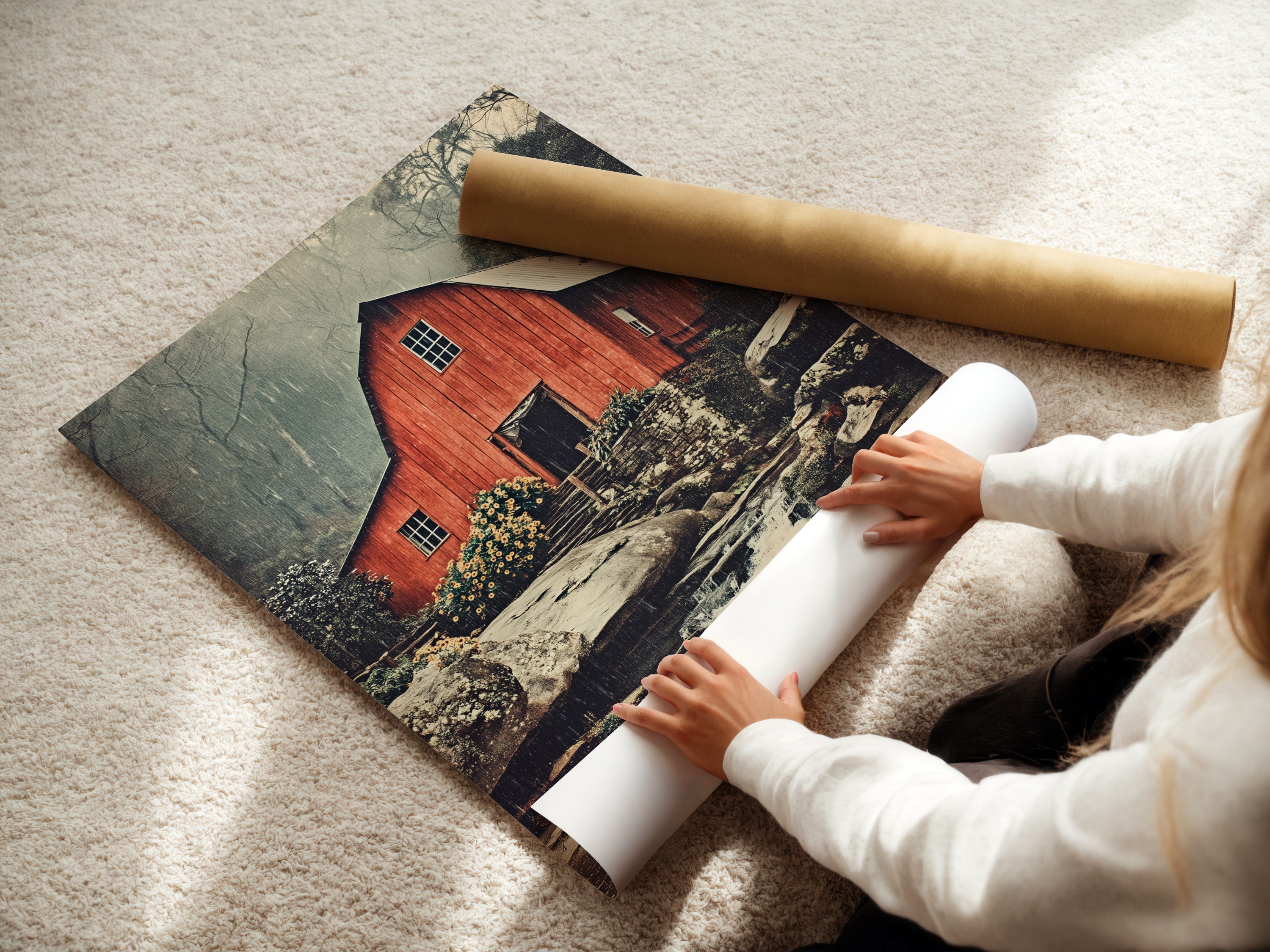 A woman is carefully rolling a fine art poster paper featuring the red barn artwork. This poster paper ensures a high-quality print. Perfect for framing or displaying as is. Bring country charm to your walls.