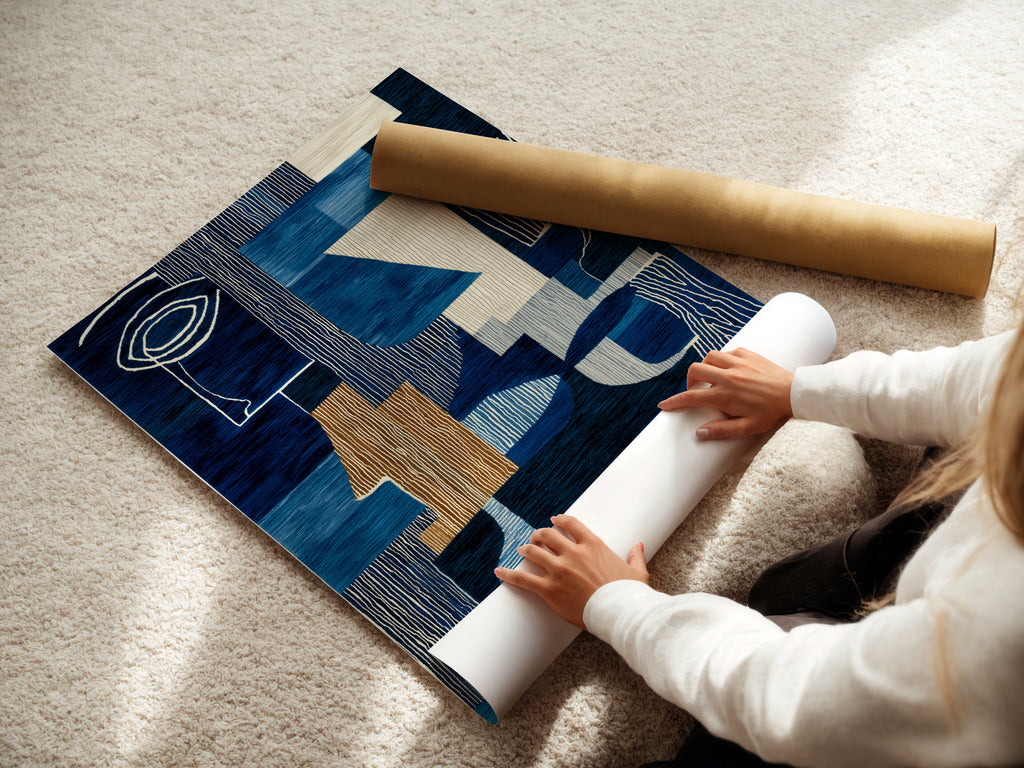 A woman carefully rolling a fine art poster paper featuring our abstract blue artwork. The modern geometric print is perfect for adding a touch of elegance to any room. Shop our high-quality fine art posters and elevate your decor now!