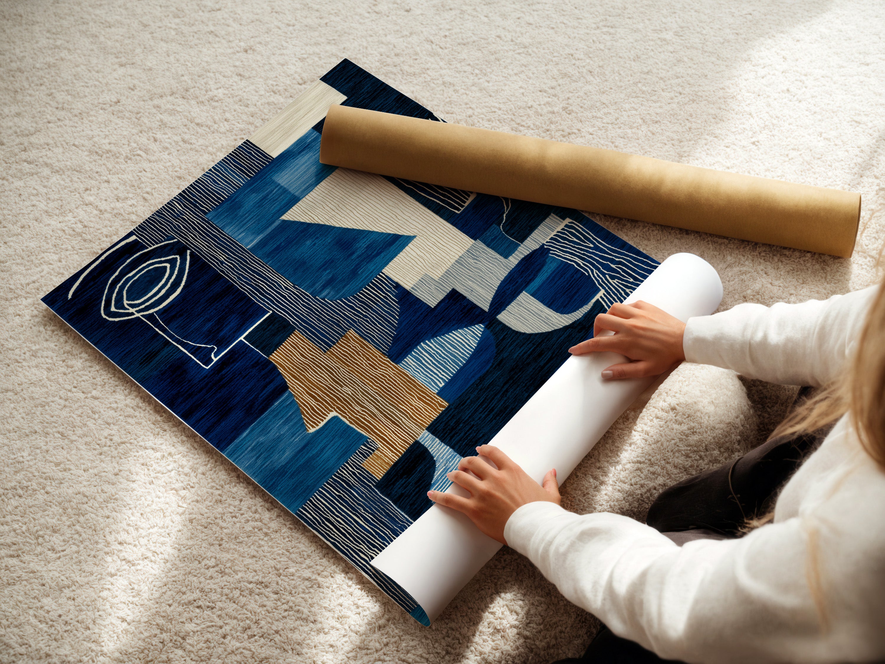 A woman carefully rolling a fine art poster paper featuring our abstract blue artwork. The modern geometric print is perfect for adding a touch of elegance to any room. Shop our high-quality fine art posters and elevate your decor now!