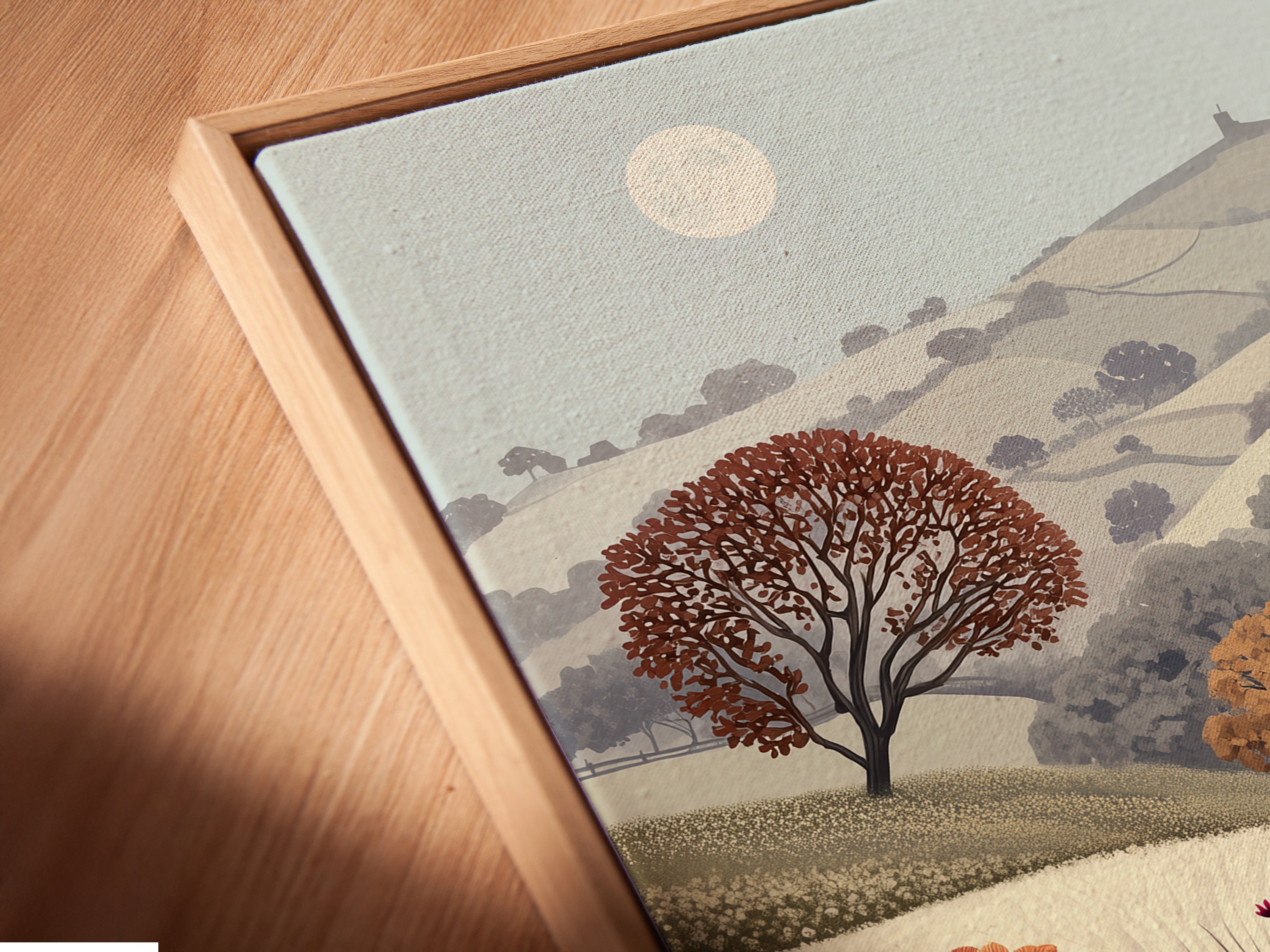 A close-up of a canvas print in a floating frame. The art is Floral Meadow artwork. The vintage landscape shows a flower field with countryside scenery. This botanical artwork brings rural charm. Pastel colors and wildflower prints create a serene cottagecore ambiance. It's ideal for study wall decor