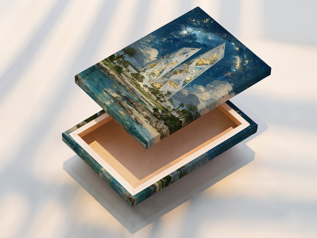 This is a stretched canvas print of Crystal Tower art. The sci-fi architecture is vibrant and detailed. The stretched canvas provides a gallery-ready look. Add this modern canvas art to your home or office today.