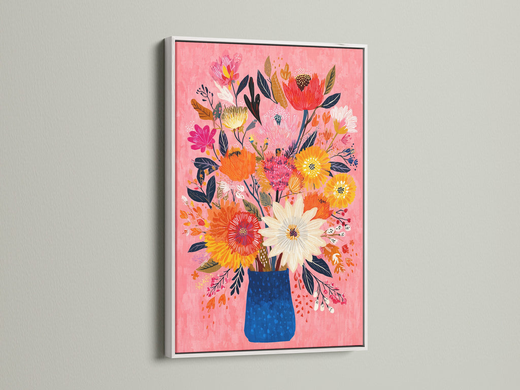 Vibrant Floral Bouquet Art Print - Pink Background Wall Art, Colorful Flower Vase Painting, Modern Botanical Home Decor, Living Room