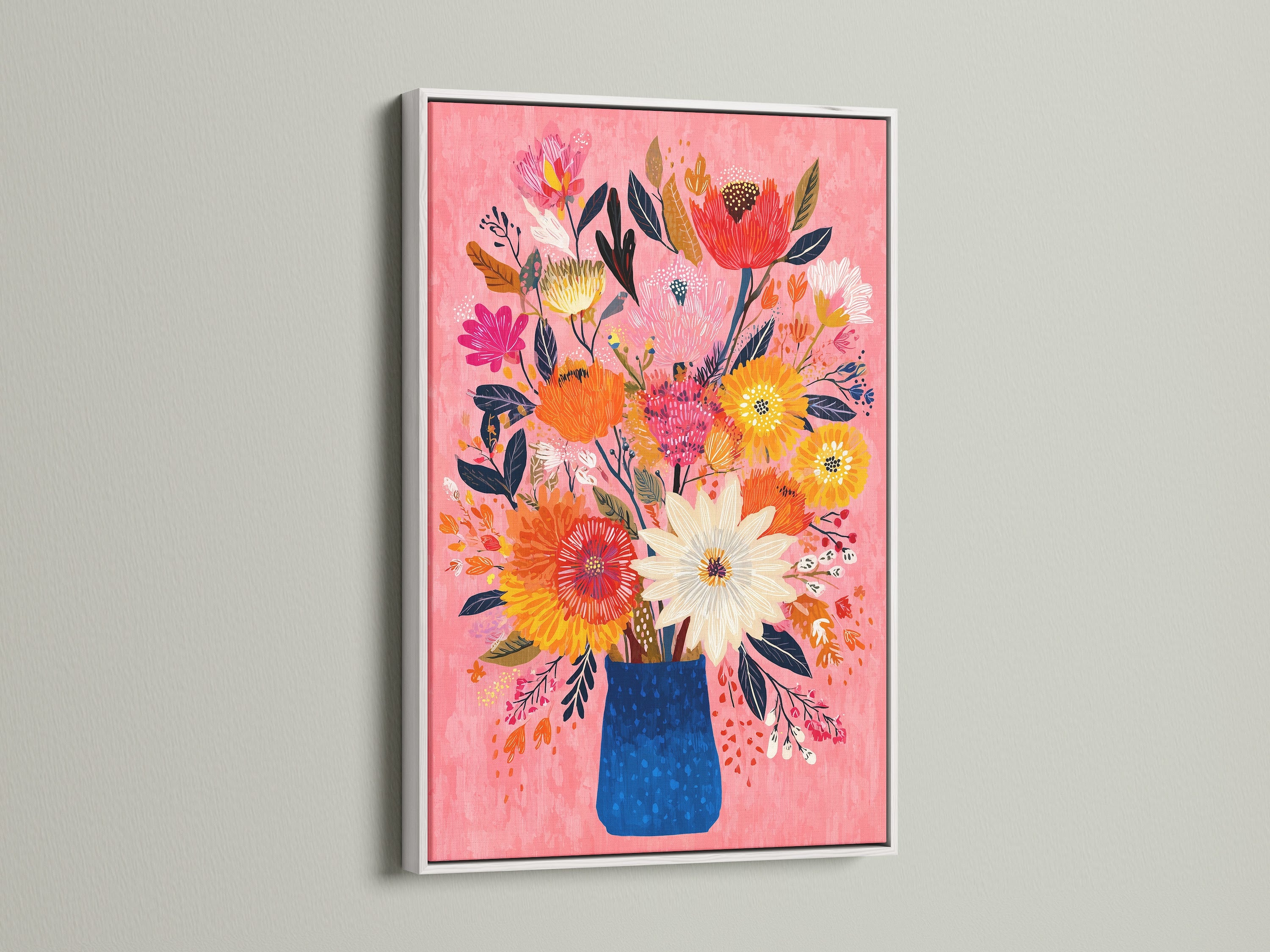 Vibrant Floral Bouquet Art Print - Pink Background Wall Art, Colorful Flower Vase Painting, Modern Botanical Home Decor, Living Room