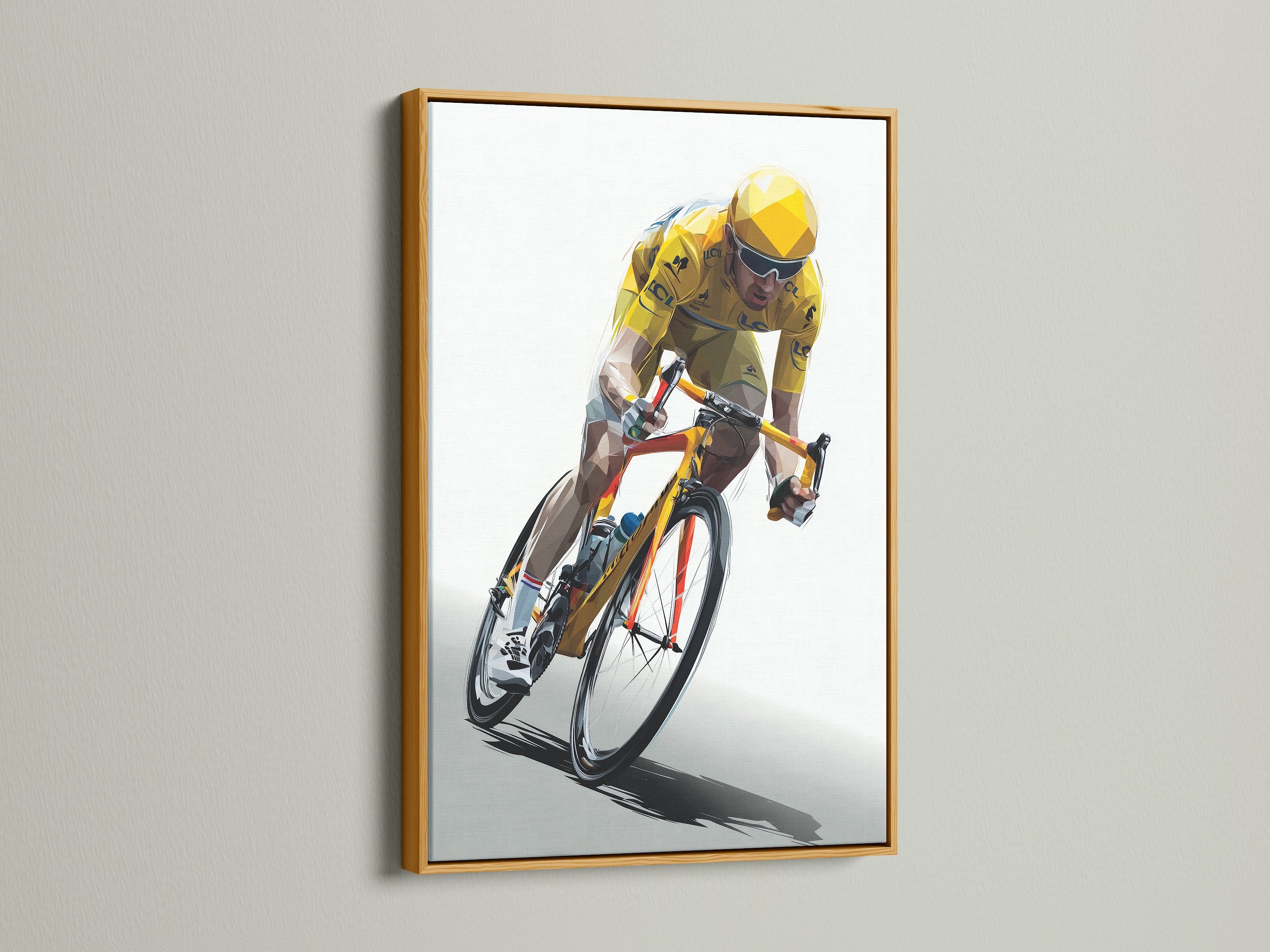 Artwork featuring a cyclist in a dynamic pose is framed in a luxurious gold finish. The print is displayed on a wall. The gold frame adds a touch of glamour.  Add a touch of luxury to your artwork. Frame your favorite artwork with this gold frame.  Explore our frame options.