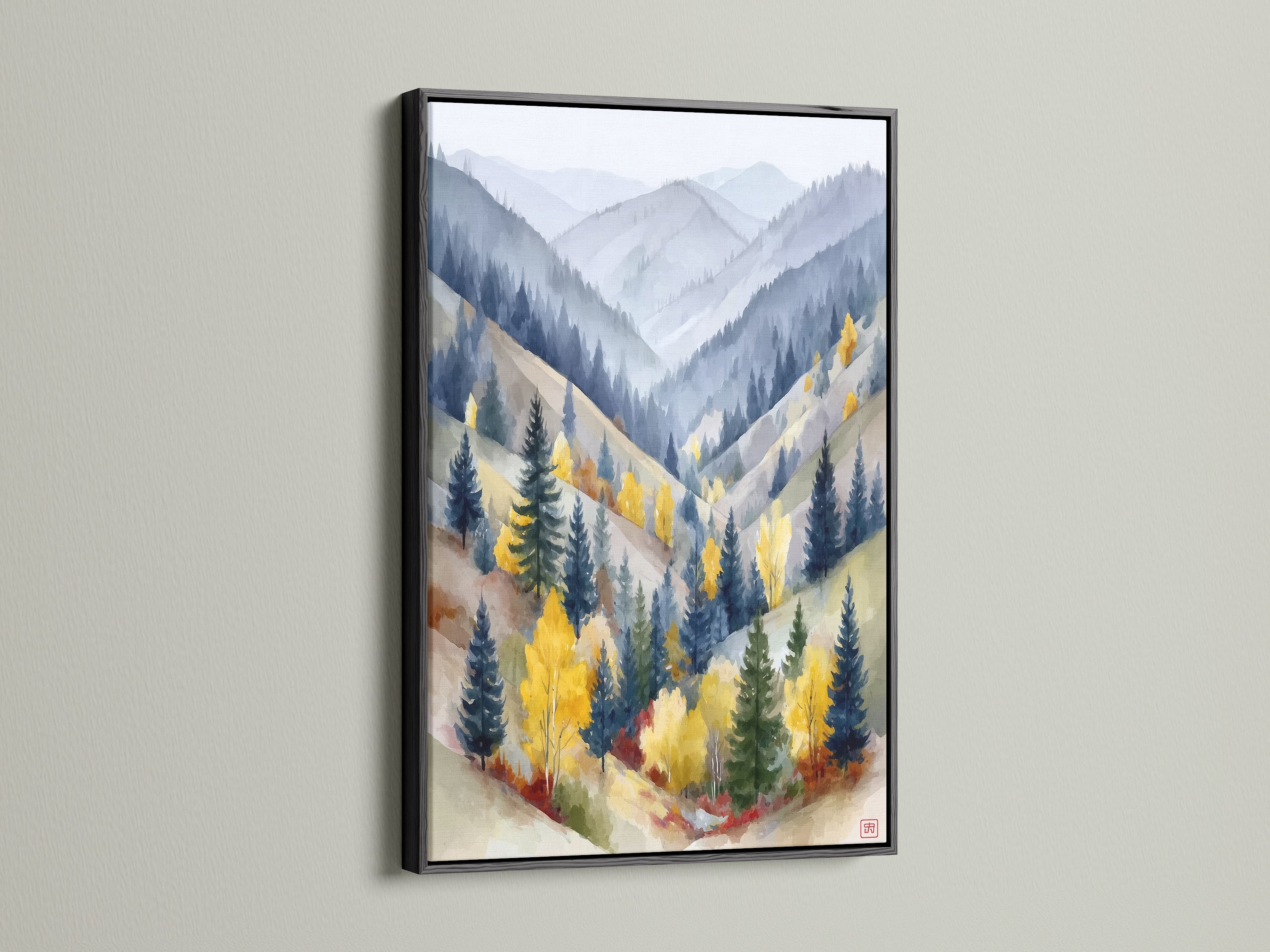 Bring a bold touch to your decor with this mountain valley canvas. It is set in a sleek black frame. The watercolor landscape artwork stands out. It adds a modern edge to your office or living room. Explore this striking nature-inspired print.