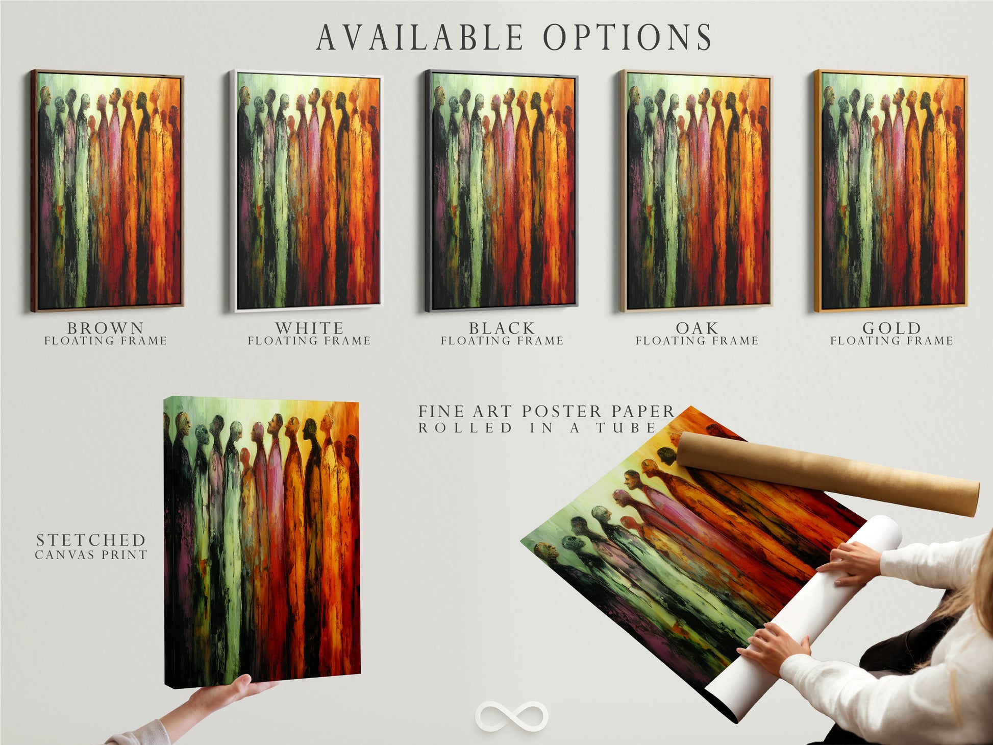 Explore available options for the figures artwork. Choose from a stretched canvas print. Consider fine art poster paper. Opt for a floating frame to enhance your piece. Find the perfect style to match your home decor. Customize your art today.