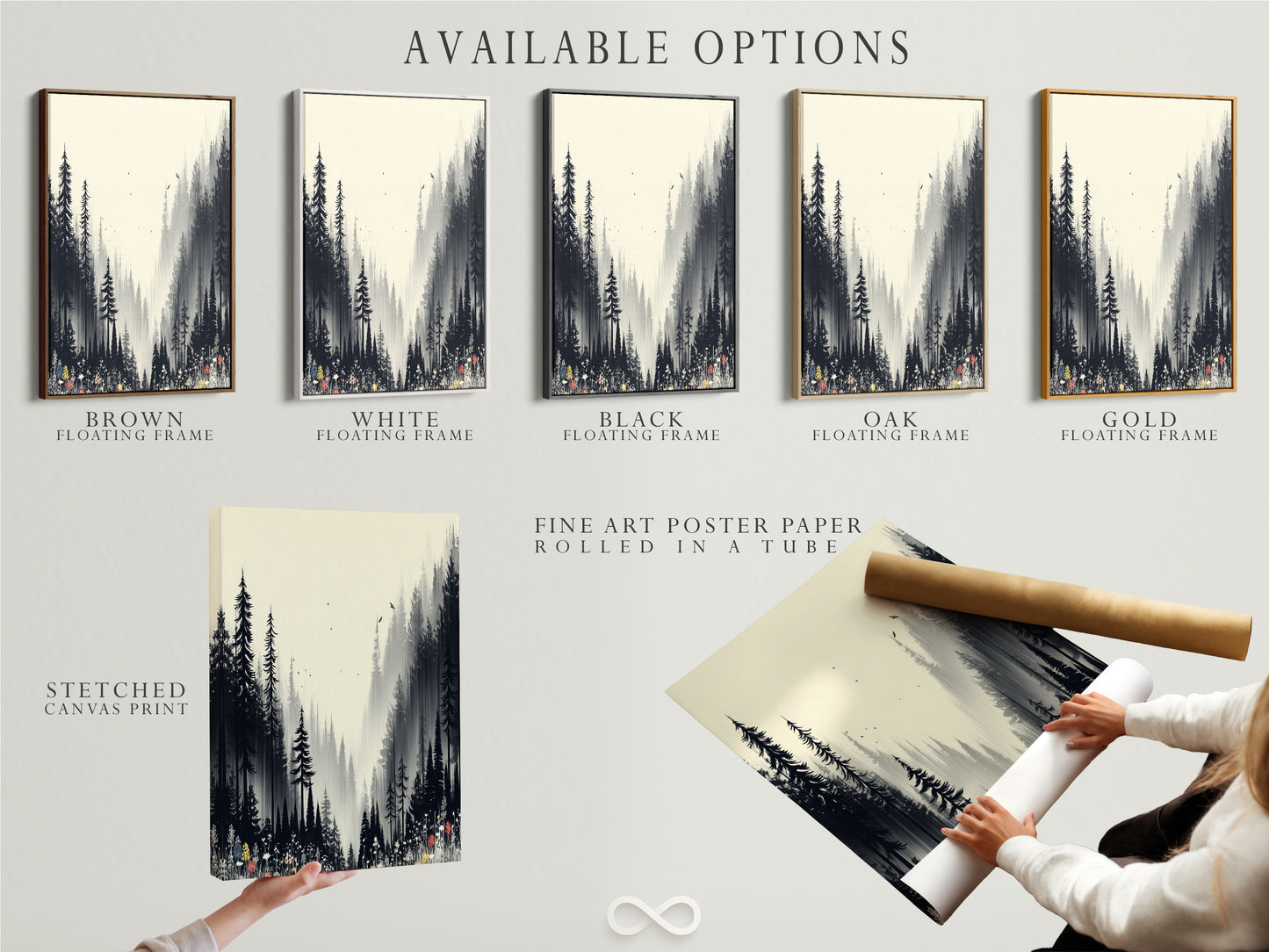 Explore available options for forest canvas prints. Choose between stretched canvas prints fine art poster paper or floating frames. This misty woodland art suits any decor style. Discover black and white nature artwork. Perfect for bedroom decor or living room art.