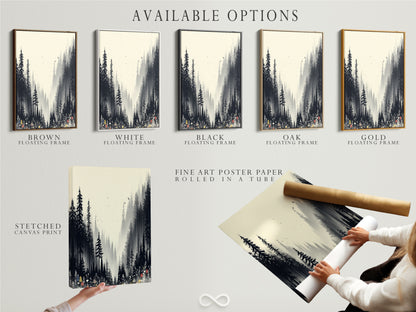 Explore available options for forest canvas prints. Choose between stretched canvas prints fine art poster paper or floating frames. This misty woodland art suits any decor style. Discover black and white nature artwork. Perfect for bedroom decor or living room art.