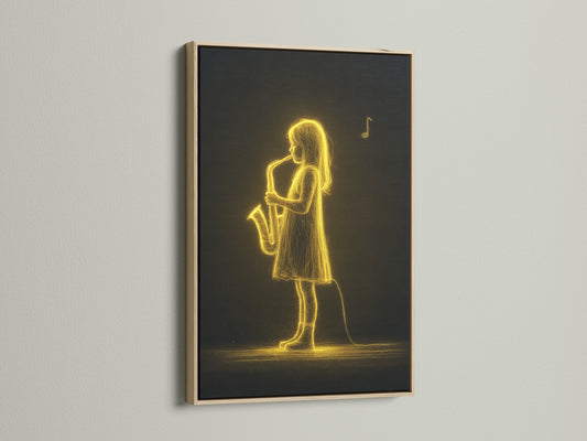 The Saxophone Player Art Print is showcased in an oak frame. The natural wood grain complements the neon golden music wall art. It is ideal for adding warmth to any room. A timeless choice for jazz enthusiasts