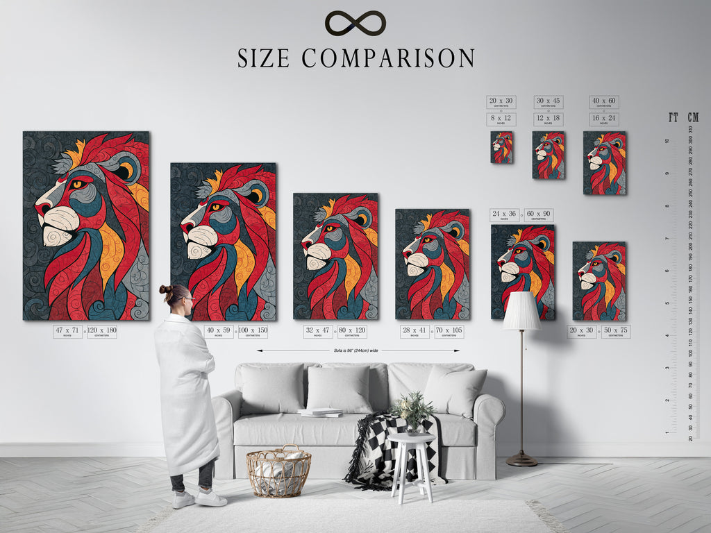 A size comparison chart is displayed in an interior setting. The chart shows the different sizes available for canvas prints and posters. This helps you visualize how the artwork will look in your space. It ensures you choose the perfect size for your needs. The chart provides a helpful guide.