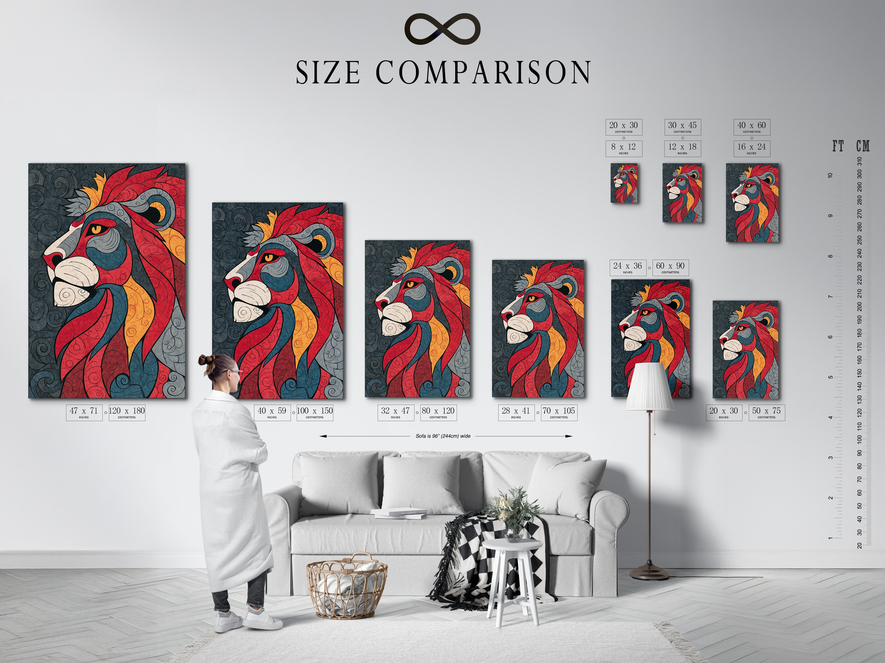 A size comparison chart is displayed in an interior setting. The chart shows the different sizes available for canvas prints and posters. This helps you visualize how the artwork will look in your space. It ensures you choose the perfect size for your needs. The chart provides a helpful guide.