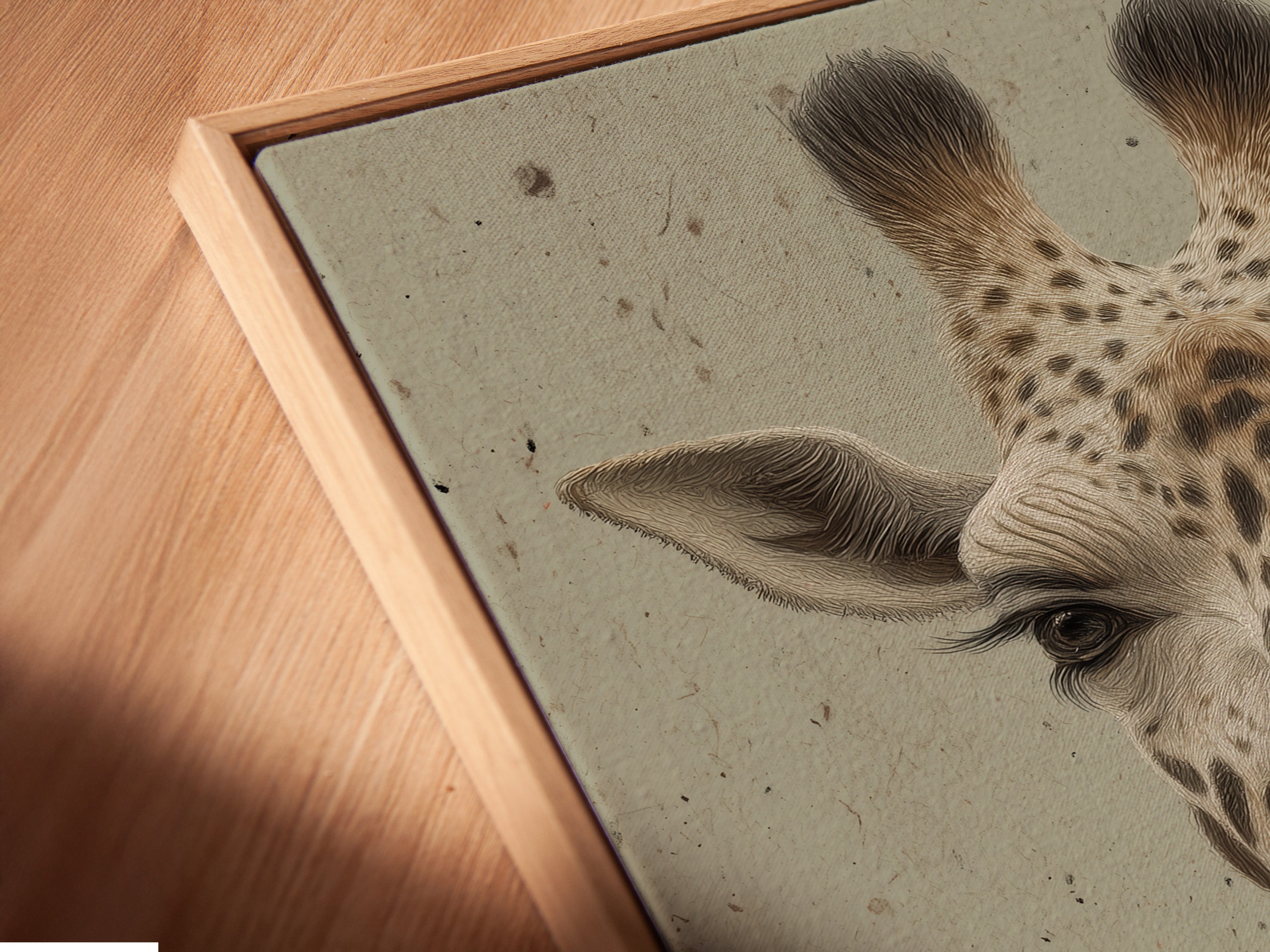 A close-up shows a canvas print of a vintage gentleman giraffe in a floating frame. The angled view captures the intricate details of the artwork. This piece is perfect for vintage and modern styles. Transform your space today.