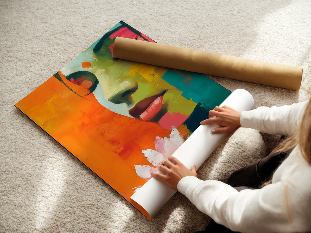 A woman carefully rolls a fine art poster paper. This abstract woman portrait art is ready to be displayed. The colorful wall art will bring life to any room. Explore our range of art paper options for your home.