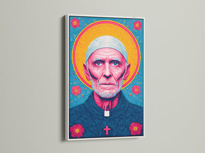 The white frame offers a clean and modern aesthetic for the priest portrait. A versatile choice that complements any interior. Perfect for showcasing religious art in a fresh light. The crisp white enhances the colorful artwork. It makes it ideal for church office decor or home accents.