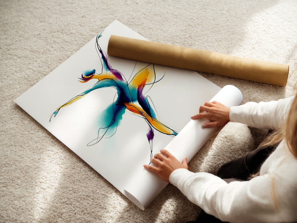 A woman is rolling a fine art poster paper. This wall art features a watercolor dance illustration.  Perfect contemporary movement artwork for a dance studio. The primary color is blue. The secondary color is gold. Great for a bedroom or living room.