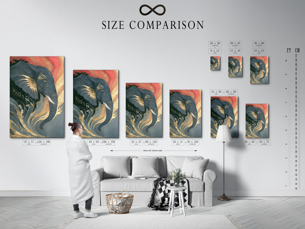 Size comparison chart displayed in an interior setting showing various sizes of the elephant and Japanese wave art print. Visualize how this coral pink and teal artwork fits into your space. Find the perfect size for your decor.