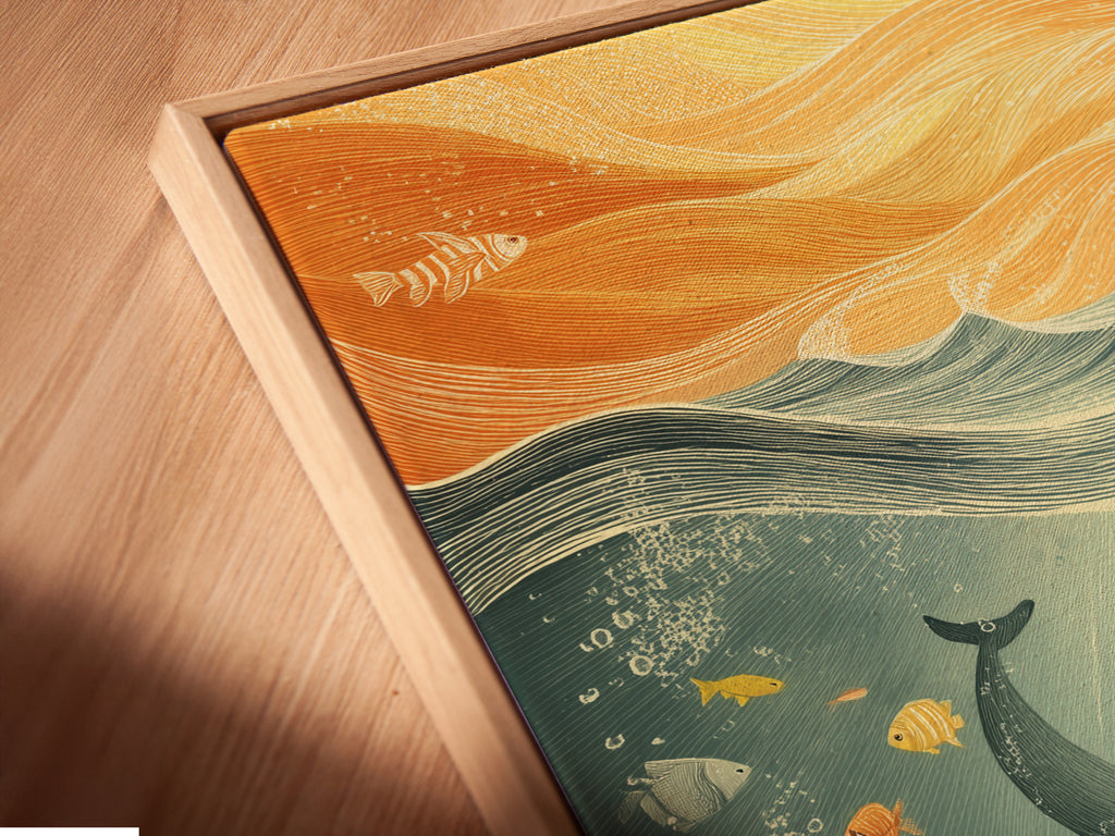 Close-up of a canvas print in a floating frame. The Ocean Wildlife Canvas Print features a polar bear underwater. This marine life decor is perfect for kids rooms and nurseries. Add a touch of aquatic charm to your home with this beautiful piece of wall art.