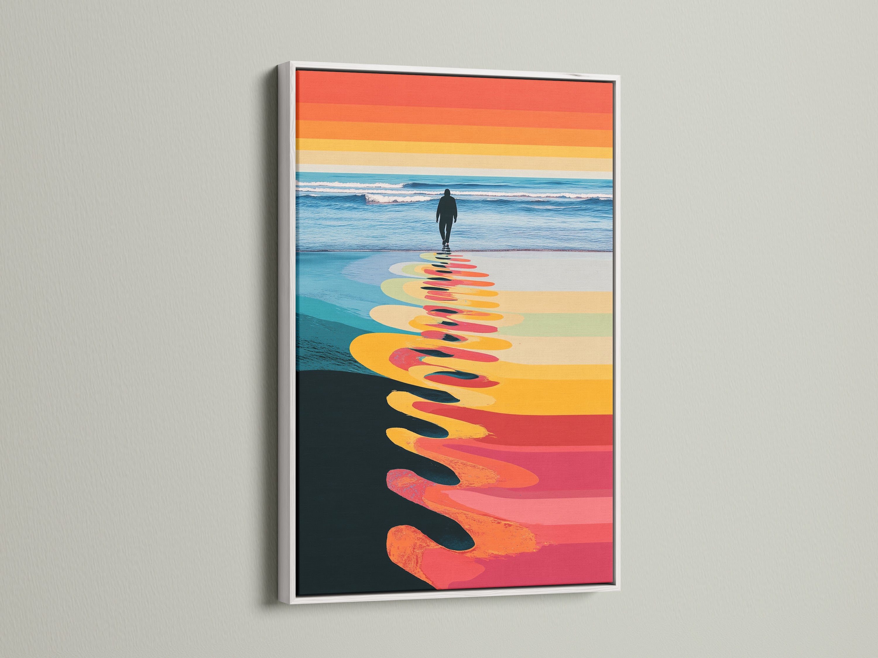 Retro striped seascape wall art in a white frame is presented. This coastal artwork brings a serene beach scene to any room. Perfect for living room wall art. The white frame complements the sunset art. Enhance your space with this modern artwork.