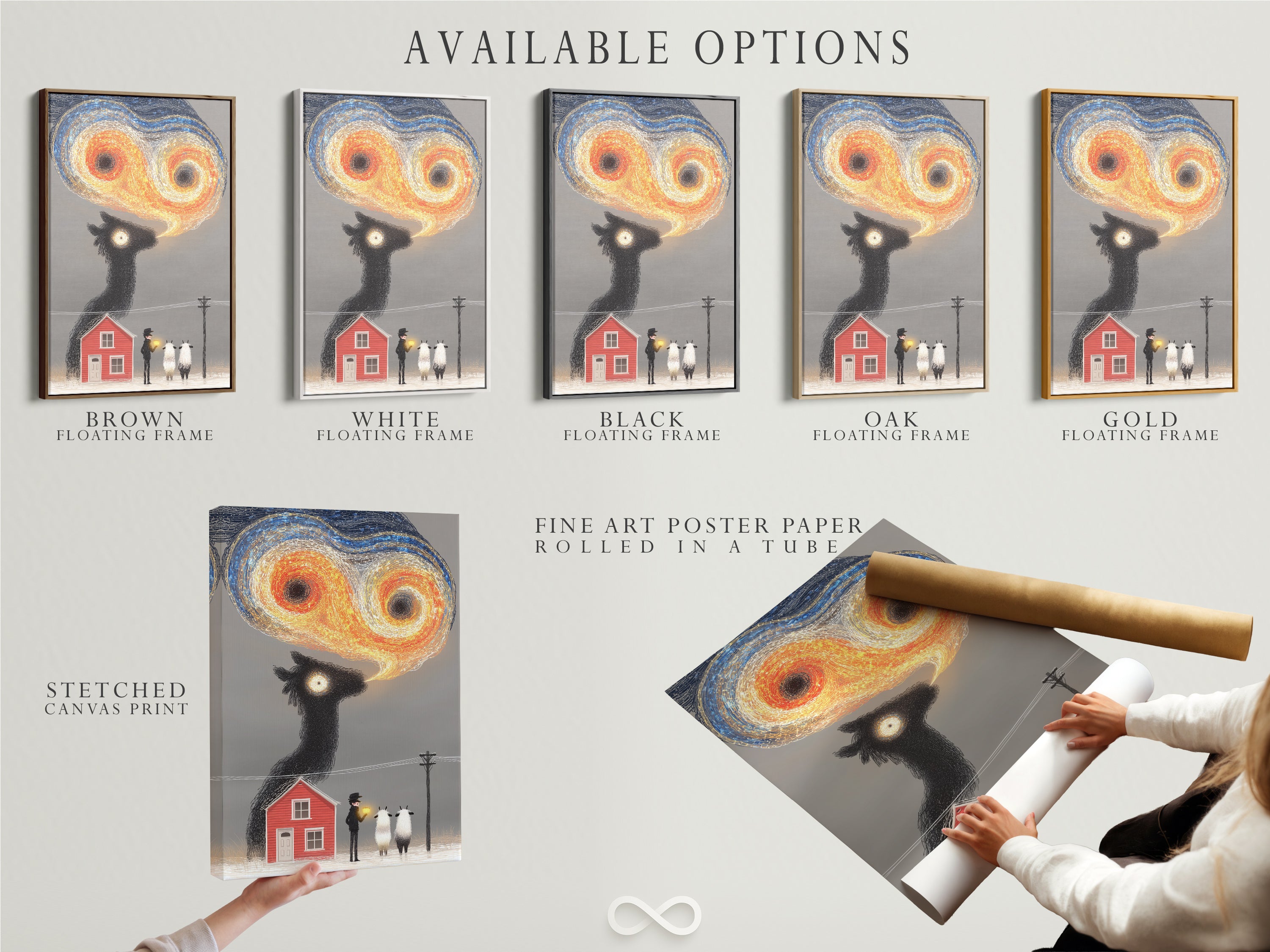 Available options include stretched canvas print fine art poster paper and floating frame. Choose the perfect format for your surreal sheep art. Enhance your farmhouse decor with these versatile options. The animal canvas suits any style. Create a unique and personalized display.