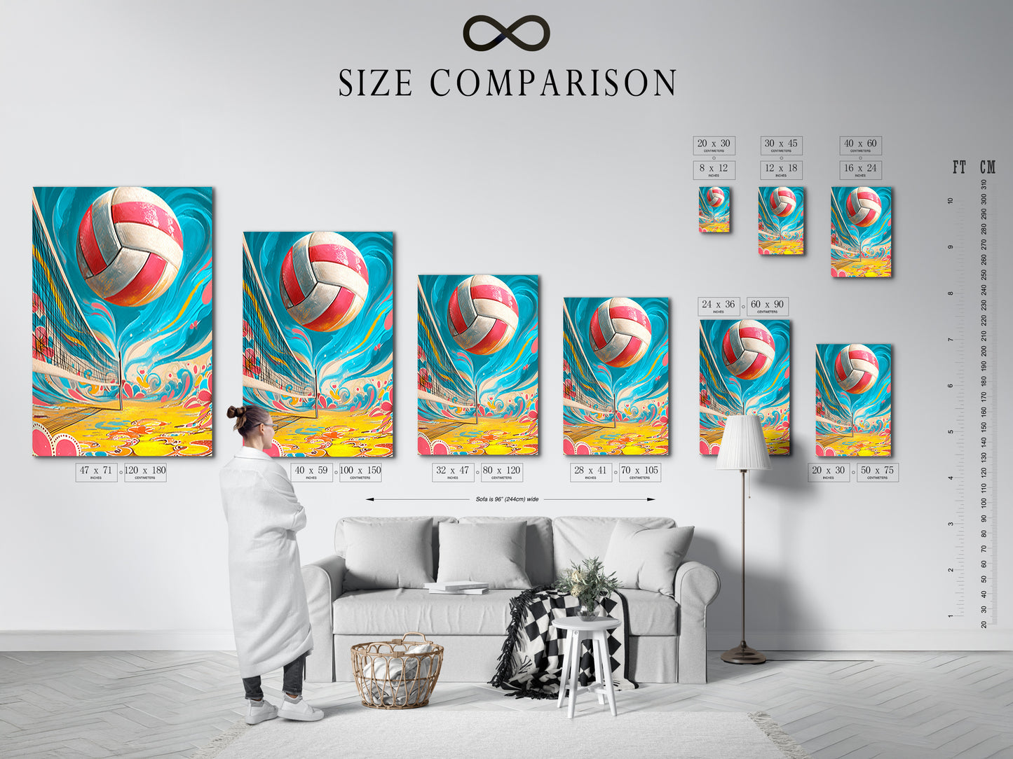 A size comparison chart in an interior setting shows the available sizes for the volleyball art. This beach sport canvas print enhances teen room decor. The fun game artwork adds a vibrant touch. The sand court print brings a summer vibe.