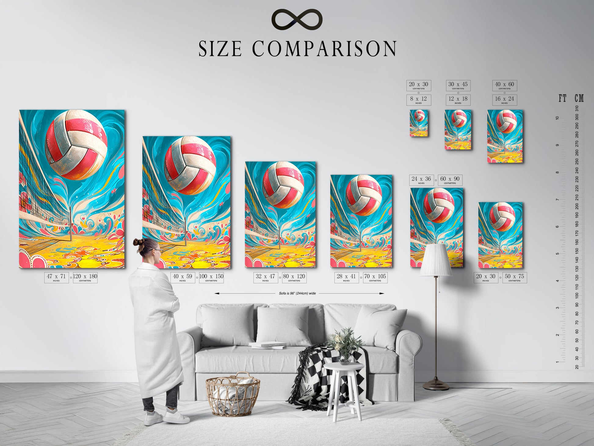 A size comparison chart in an interior setting shows the available sizes for the volleyball art. This beach sport canvas print enhances teen room decor. The fun game artwork adds a vibrant touch. The sand court print brings a summer vibe.