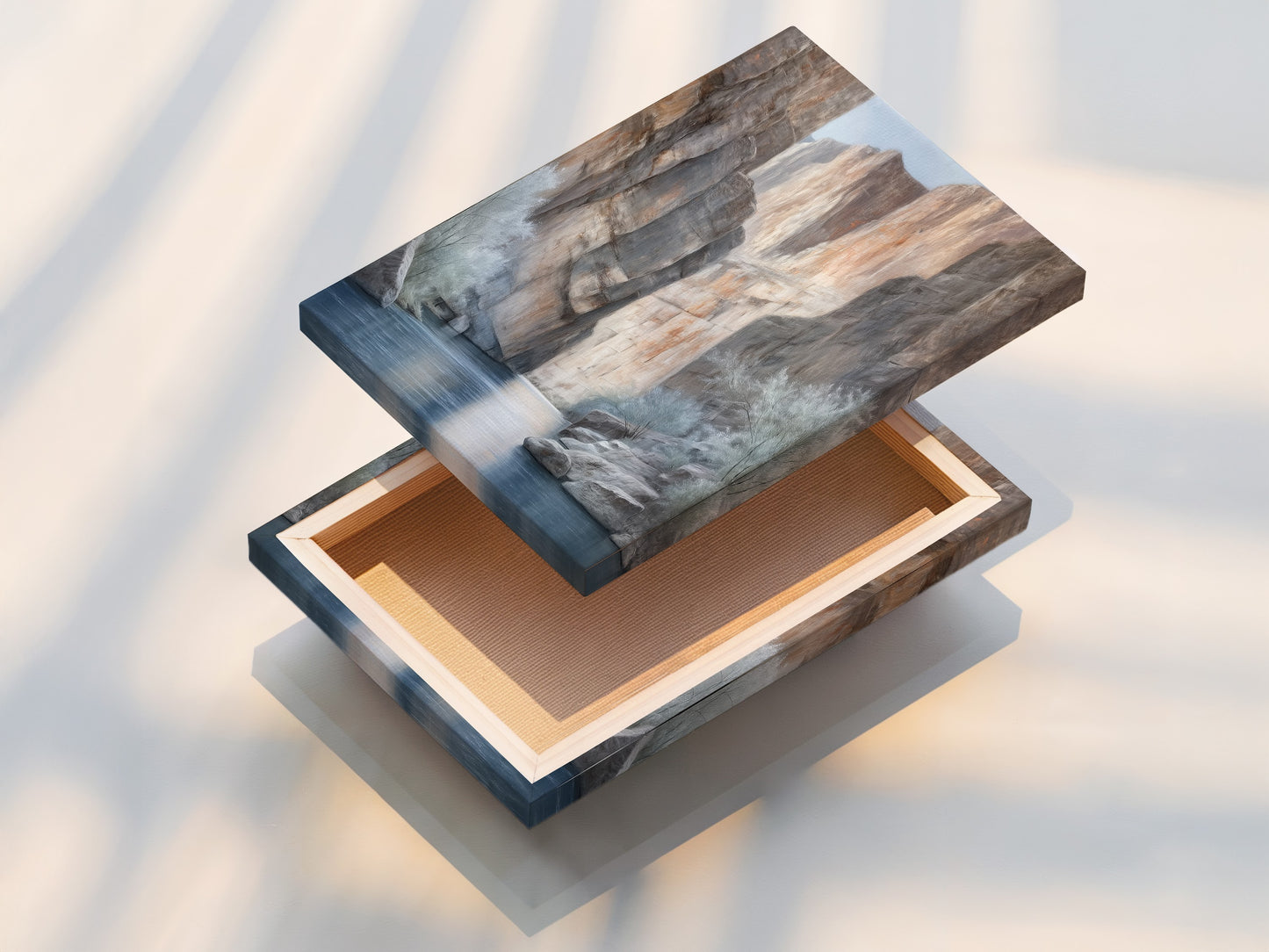 A stretched canvas print of the Canyon River artwork. This desert landscape wall art is ready to hang. Neutral tones complement any interior style. Perfect for adding a touch of nature to your space. Stretched canvas provides a gallery-worthy look. Explore earth tone art today for your home.