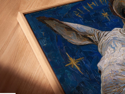 Angled close up of a canvas print in a floating frame. The rhino pope art is a surreal animal piece with medieval religious elements. This unique wall art is perfect for study rooms. The floating frame enhances the artwork's depth and detail.