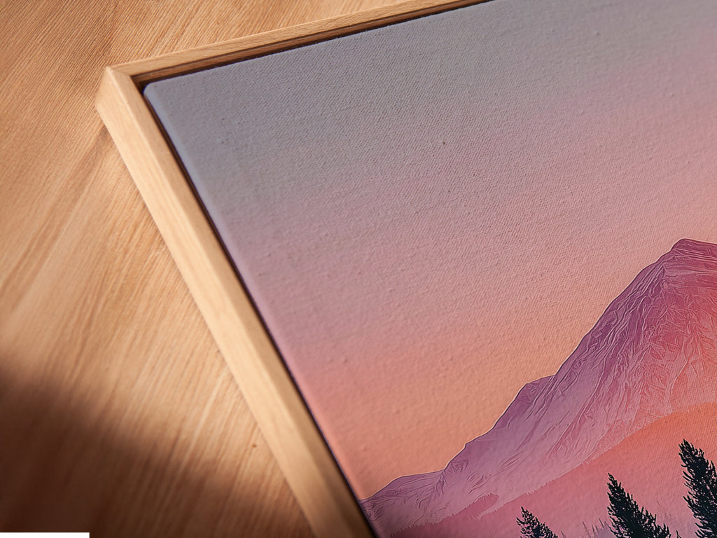 Close up of a canvas print in a floating frame. The mountain art and lake canvas create a serene scene. This modern decor piece enhances any space. The floating frame gives a contemporary look. Perfect for minimalist styles.