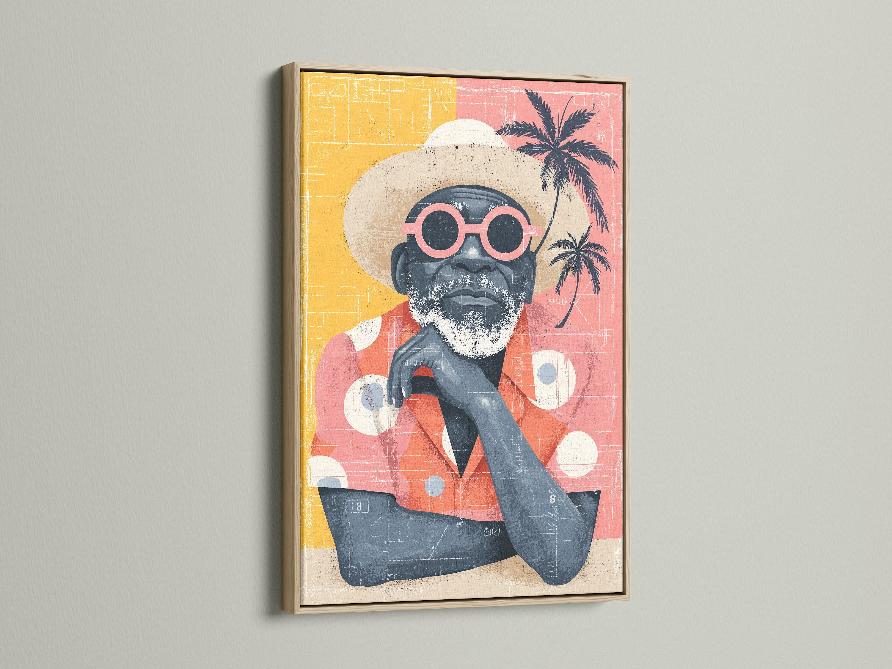 Retro beach man art print in an oak frame. This vintage-inspired artwork brings a touch of summer to your walls. The tropical sunglasses portrait is ideal for living rooms offices and cafes. The oak frame enhances the coastal aesthetic. Elevate your space with this unique print.