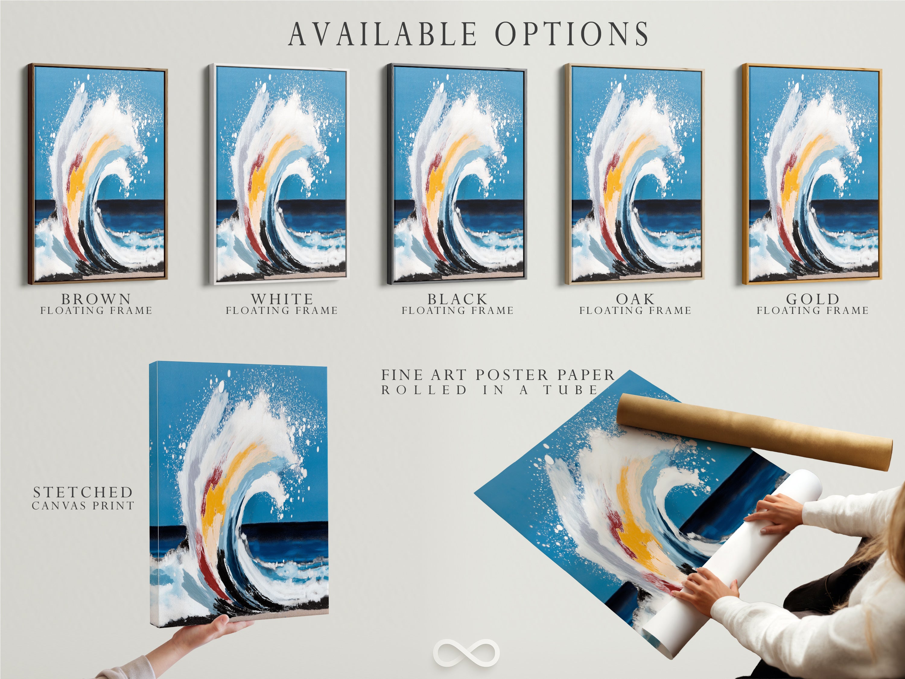 Explore available options for your ocean wave artwork. Choose from stretched canvas print fine art poster paper or floating frame options. Personalize your coastal wall art to match your style. Find the perfect abstract seascape.