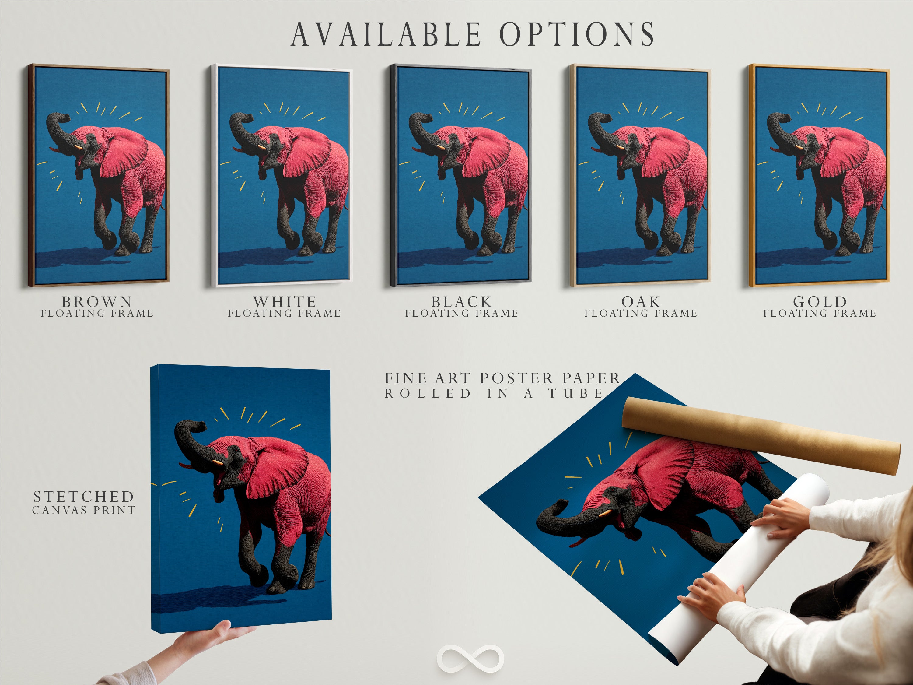 Explore available options for the pink elephant artwork including stretched canvas print fine art poster paper and floating frame. This contemporary animal art is perfect for nursery or office decor. Select the perfect format to match your style and space. Transform your room with this vibrant pop art canvas.