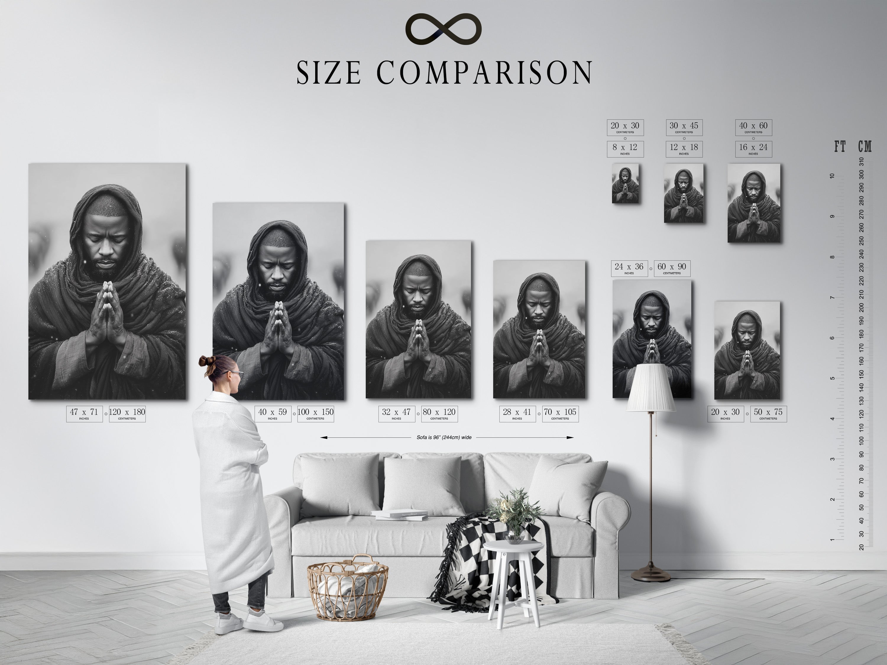 A size comparison chart is displayed in an interior setting. The chart showcases the different sizes available for artwork. It helps you visualize how the artwork will look in your space. This tool assists you in making the perfect choice for your needs. It ensures a perfect fit with your home decor.