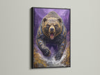 Grizzly Bear artwork showcased in a black frame. Fantasy wildlife art with a bear in armor and purple mountains. A bold statement piece for a man cave or adventure themed room. Explore our options now.