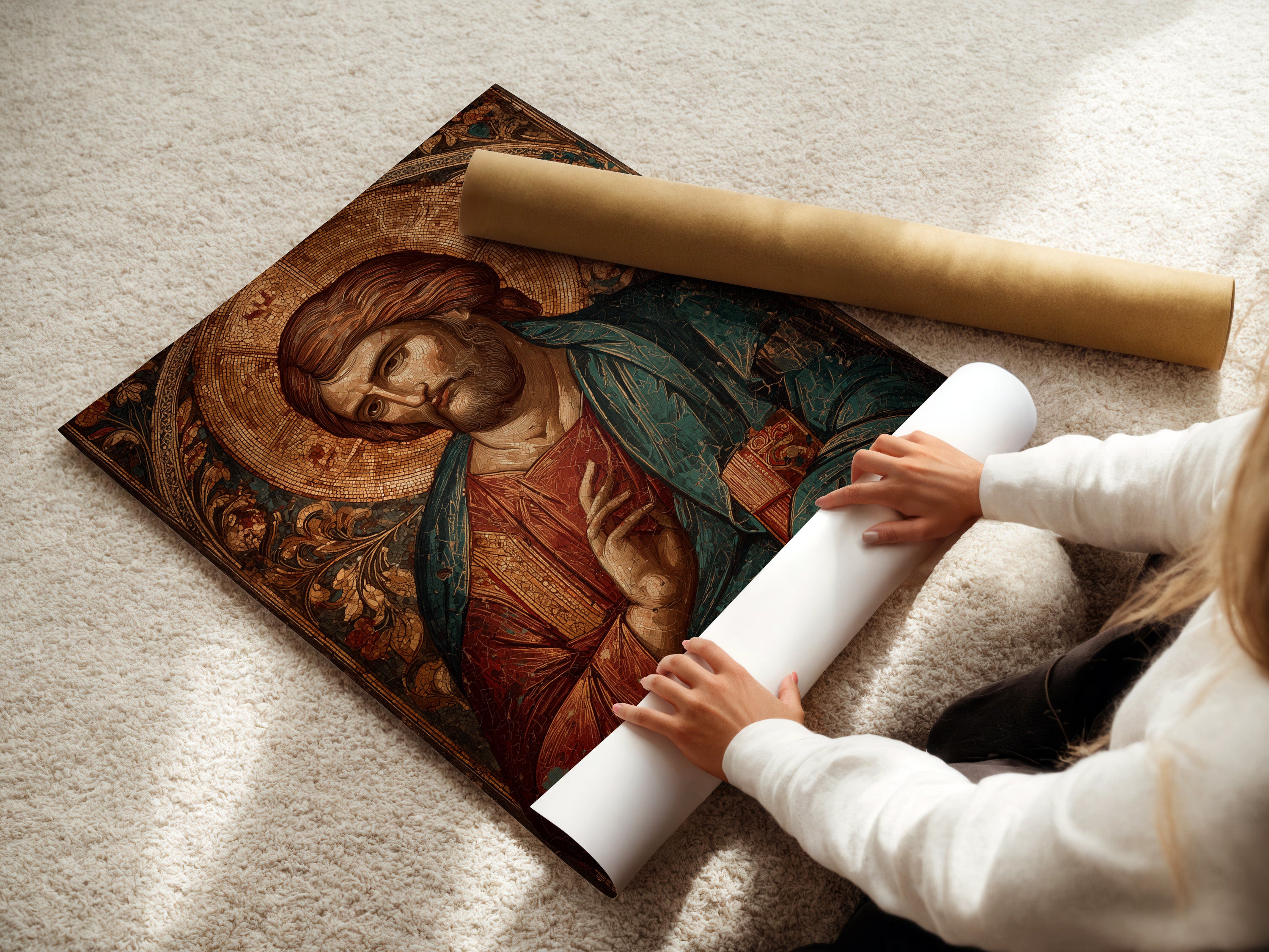 A woman carefully rolls a fine art poster paper. The high-quality poster paper ensures vibrant colors. It also ensures sharp details for your art prints. Order your favorite artwork on premium fine art paper. It will bring your walls to life.