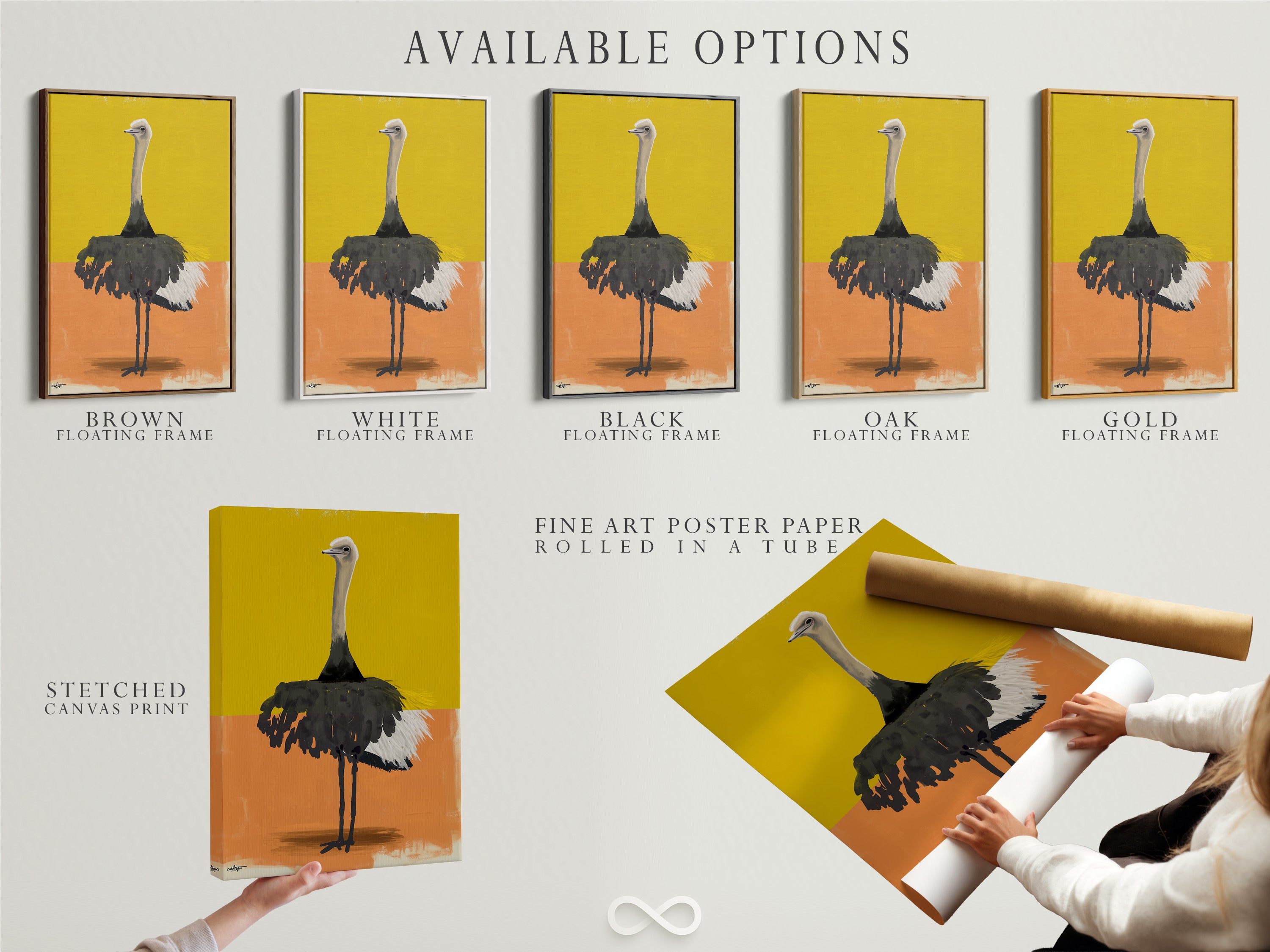 Explore available options: stretched canvas print fine art poster and floating frame. Choose the perfect format to match your style. See how each option enhances the artwork. Customize your selection for a unique display. Find the best fit for your home.
