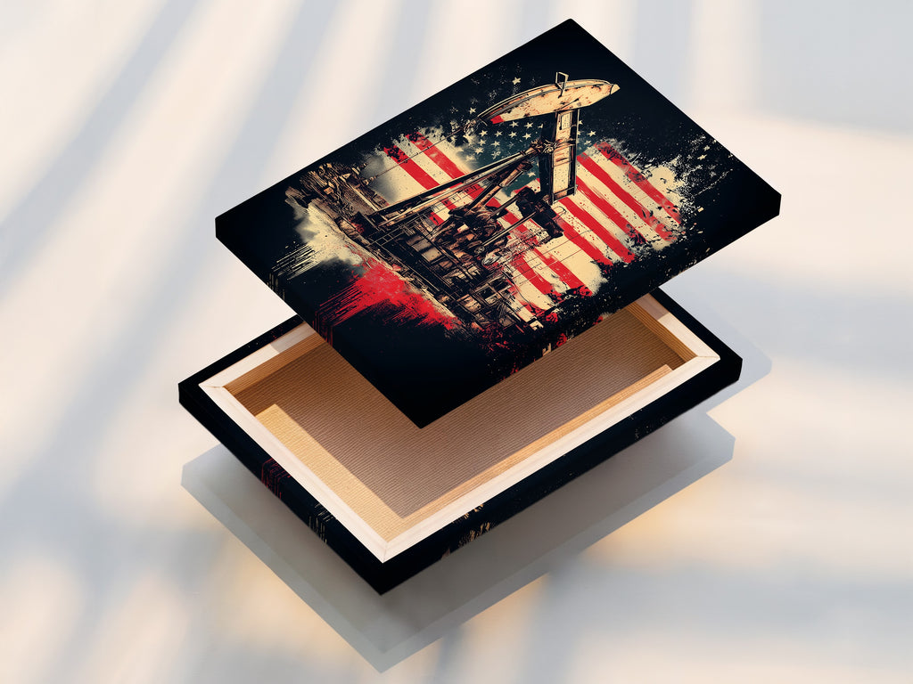 Stretched canvas print featuring an oil rig and American flag. This industrial decor combines American symbolism with vintage style. Ideal for adding patriotic wall art to living rooms offices or man caves. Perfect for those who appreciate Americana decor and the energy industry.