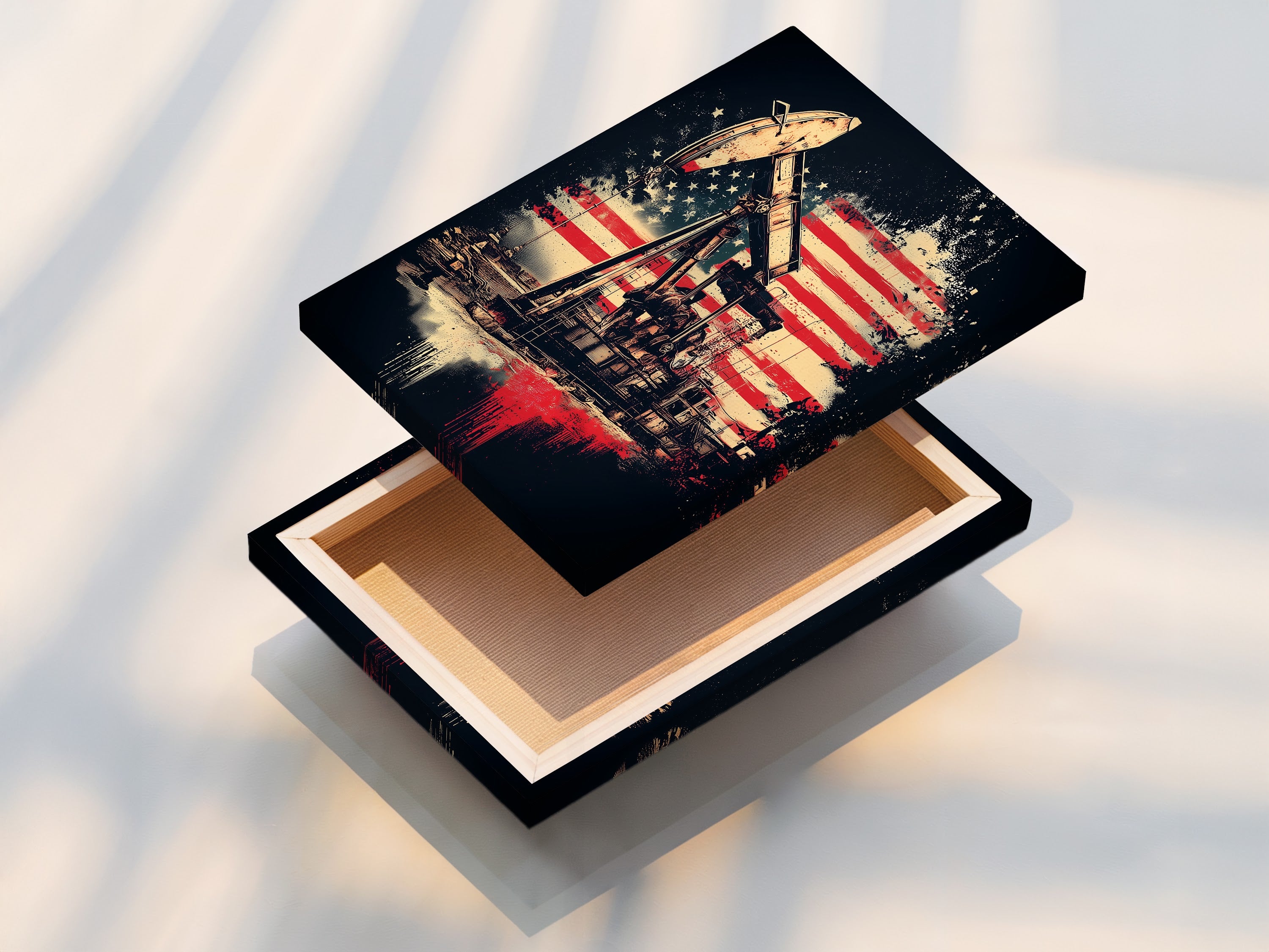 Stretched canvas print featuring an oil rig and American flag. This industrial decor combines American symbolism with vintage style. Ideal for adding patriotic wall art to living rooms offices or man caves. Perfect for those who appreciate Americana decor and the energy industry.