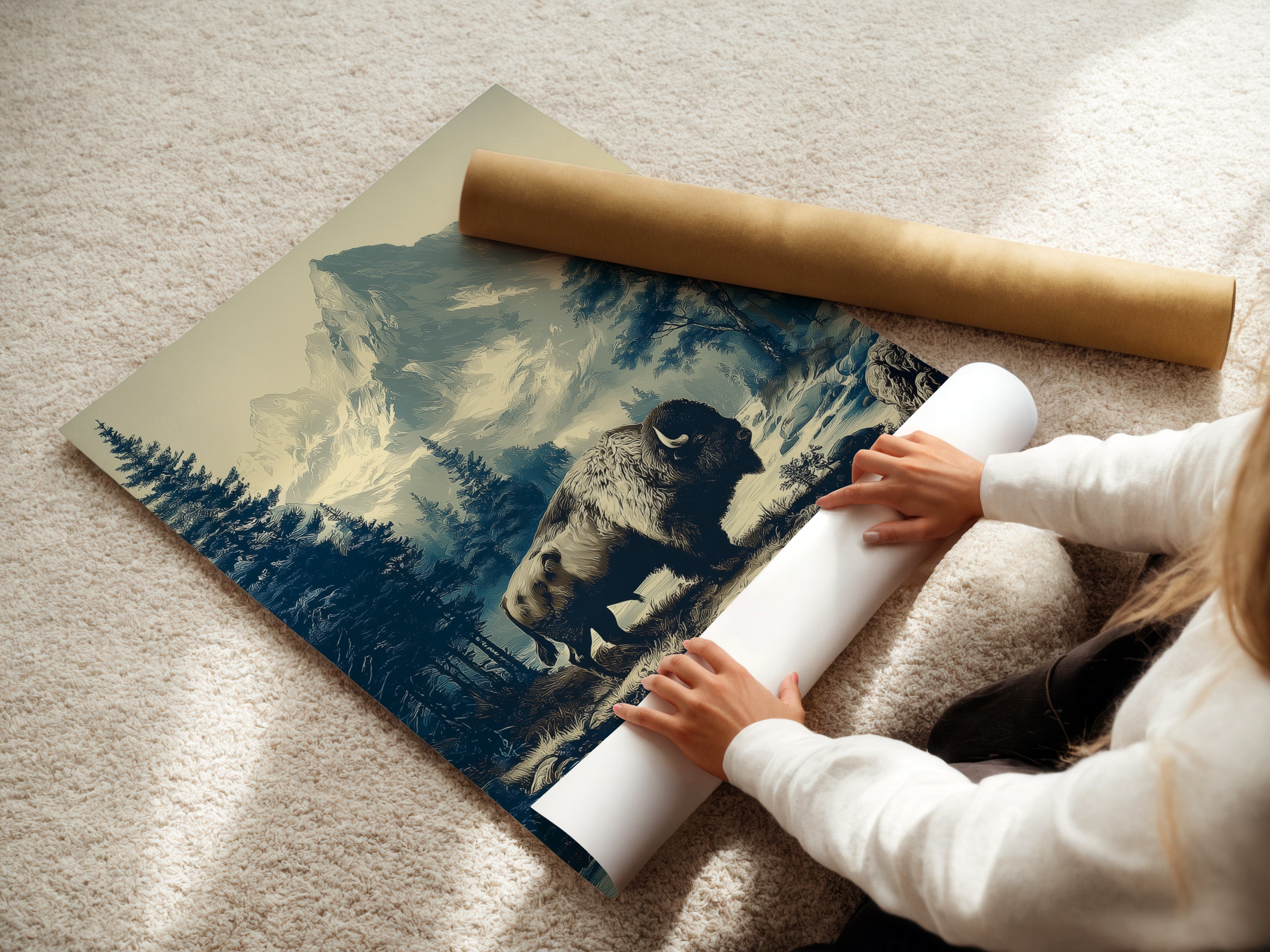 A woman is carefully rolling a fine art poster paper. The Buffalo Mountain Art is a vintage nature print. This allows for easy handling and framing. The western wildlife art is perfect for cabin decor. Get ready to display your mountain landscape art.