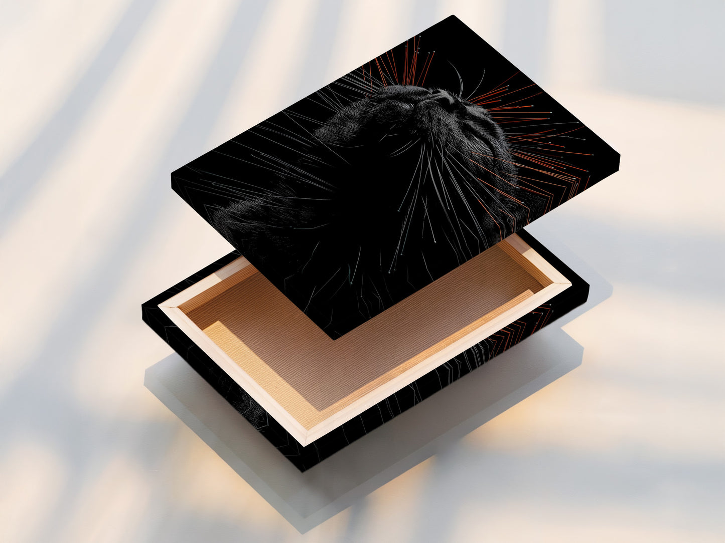 A stretched canvas print displays a captivating cat portrait. The artwork is ready to hang and enjoy. This feline canvas print adds a contemporary touch to any room. Discover the beauty and convenience of stretched canvas art.