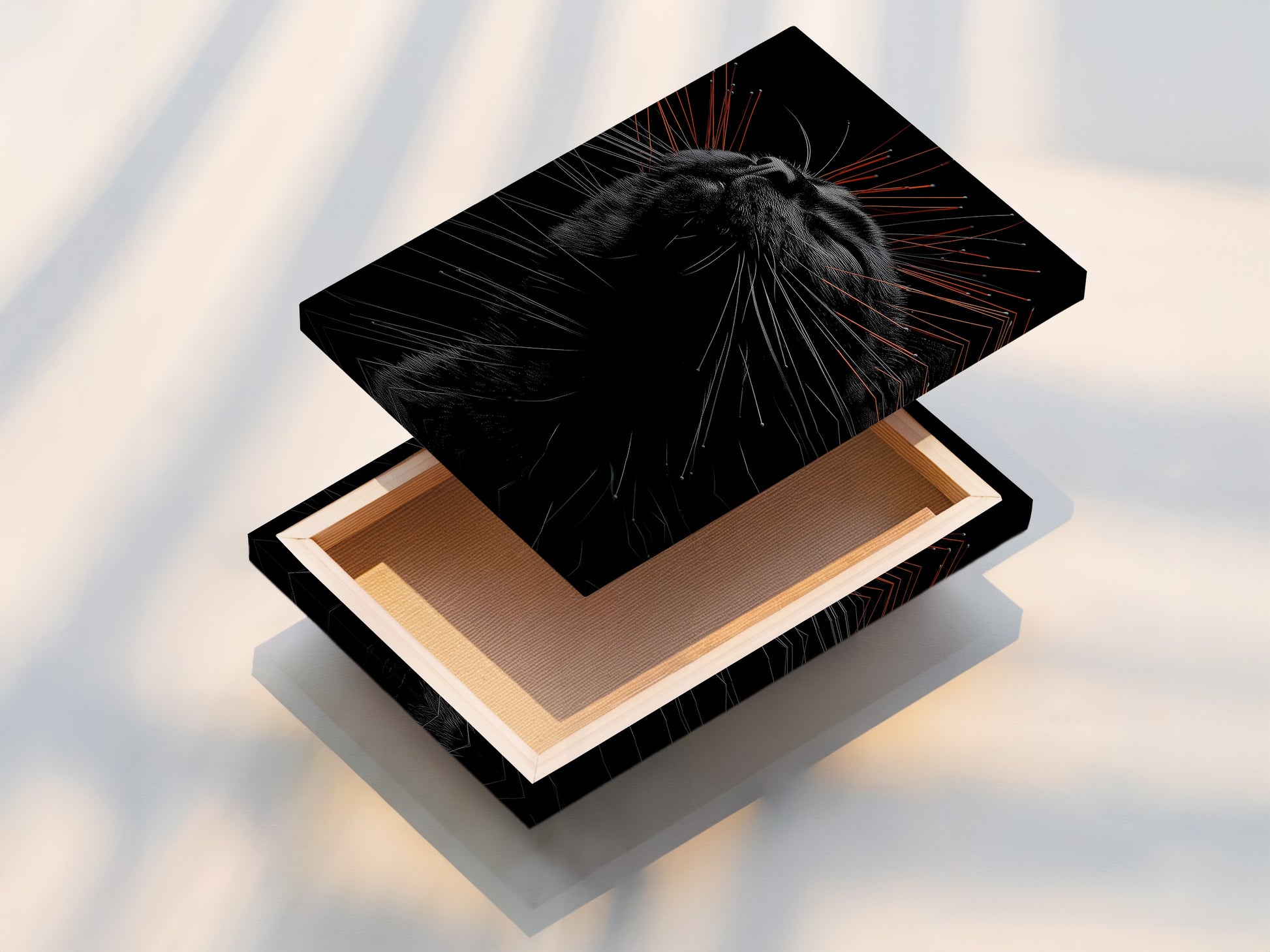 A stretched canvas print displays a captivating cat portrait. The artwork is ready to hang and enjoy. This feline canvas print adds a contemporary touch to any room. Discover the beauty and convenience of stretched canvas art.