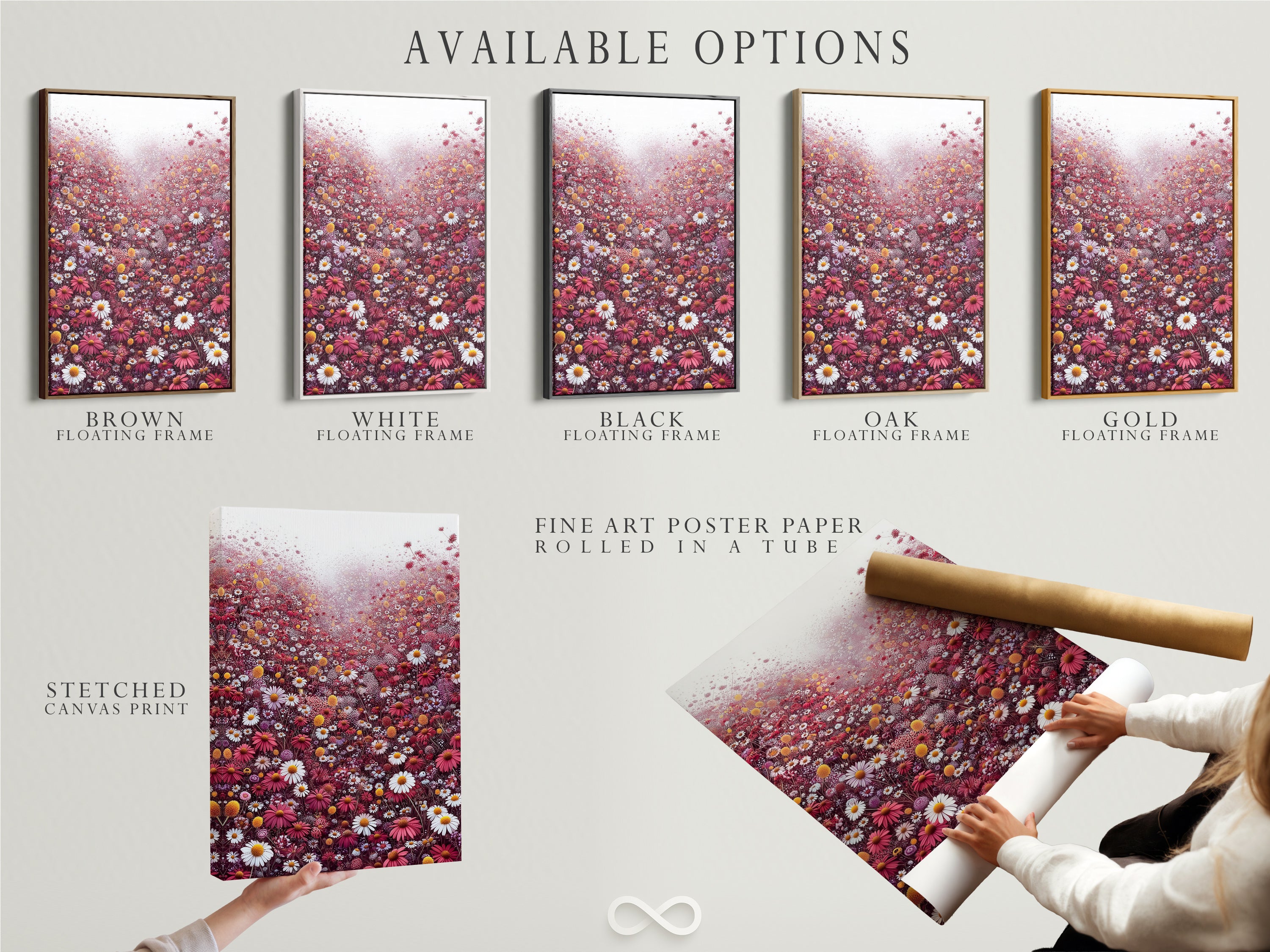 Explore available options for floral meadow artwork. Choose between a stretched canvas print a fine art poster paper. Select a floating frame to complete the look. The artwork showcases red and white wildflowers. Customize your botanical wall decor today.