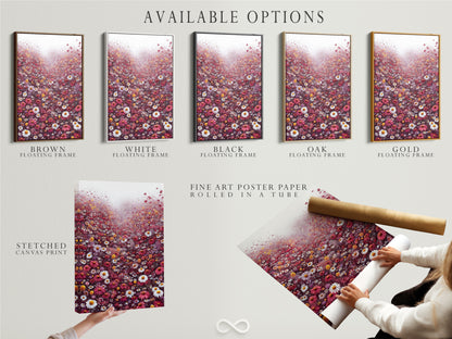 Explore available options for floral meadow artwork. Choose between a stretched canvas print a fine art poster paper. Select a floating frame to complete the look. The artwork showcases red and white wildflowers. Customize your botanical wall decor today.