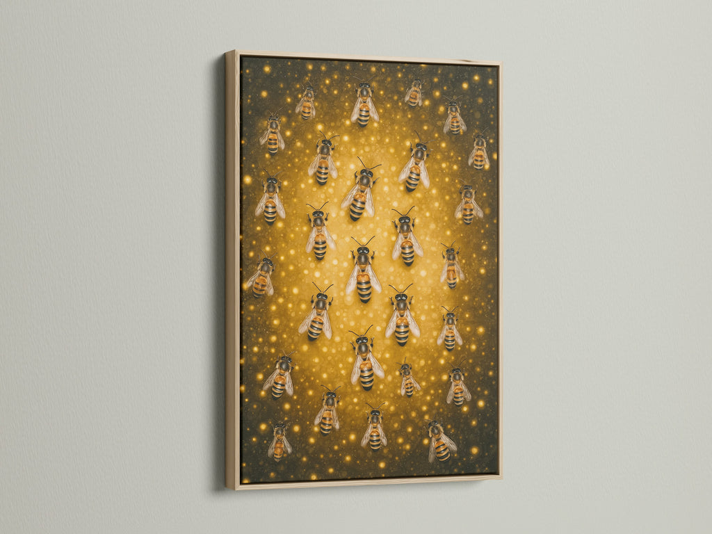The honey bee artwork is displayed in an oak frame. The oak frame brings out the gold tones in the artwork. It is a stunning piece for a rustic or modern space. This framed canvas print adds natural beauty to your home decor.