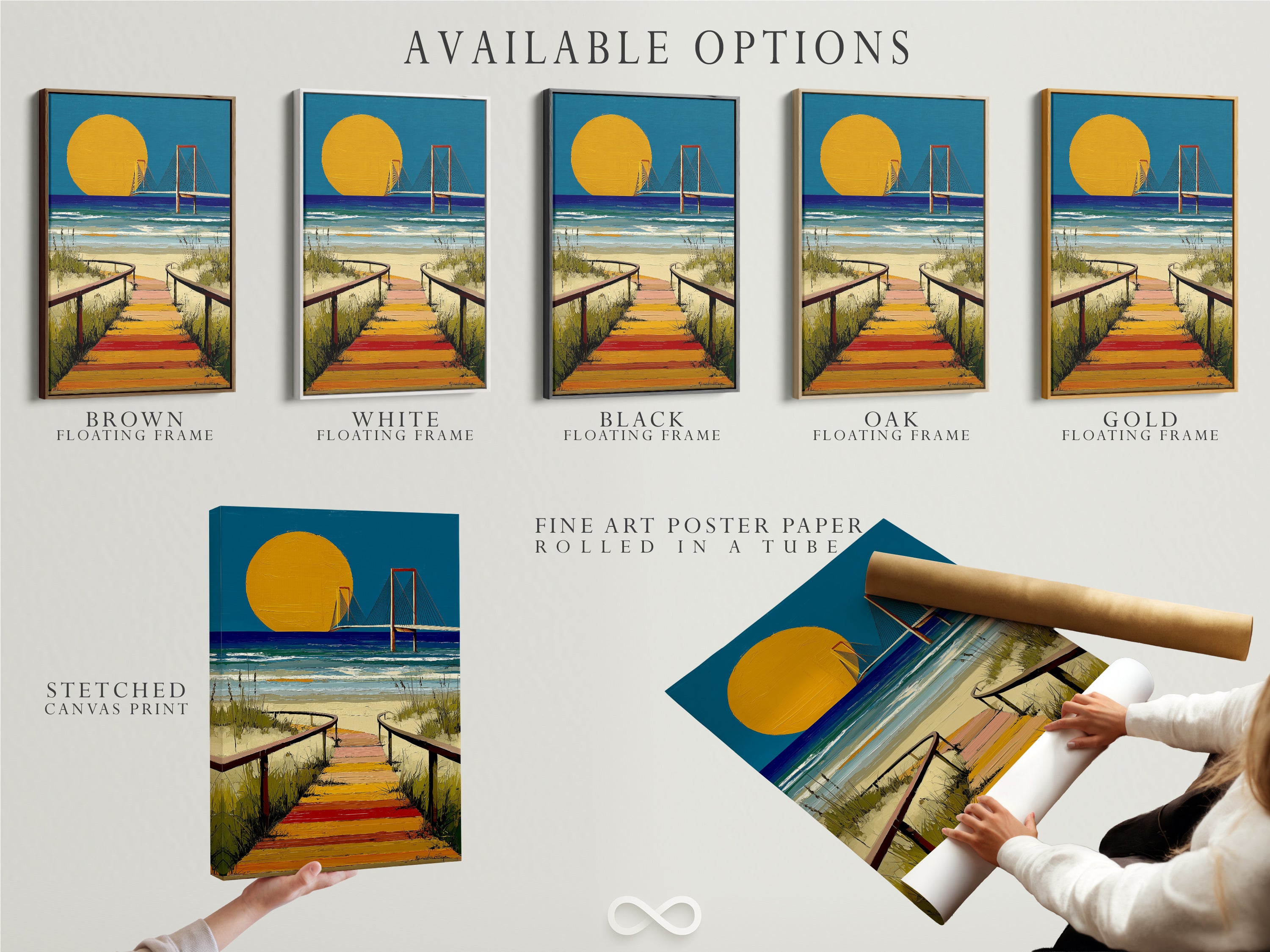 Available options include stretched canvas print fine art poster paper and floating frame. Select the perfect format for your beach boardwalk artwork. Enhance your coastal wall decor with these versatile choices.