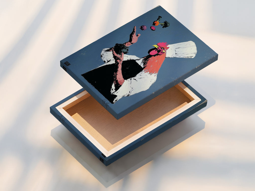 Rooster Chef art showcased as a stretched canvas print. The stretched canvas provides a gallery-quality look. It is ready to hang in your kitchen or dining room. Enjoy this quirky animal art with a contemporary touch. See the details of our stretched canvas prints.