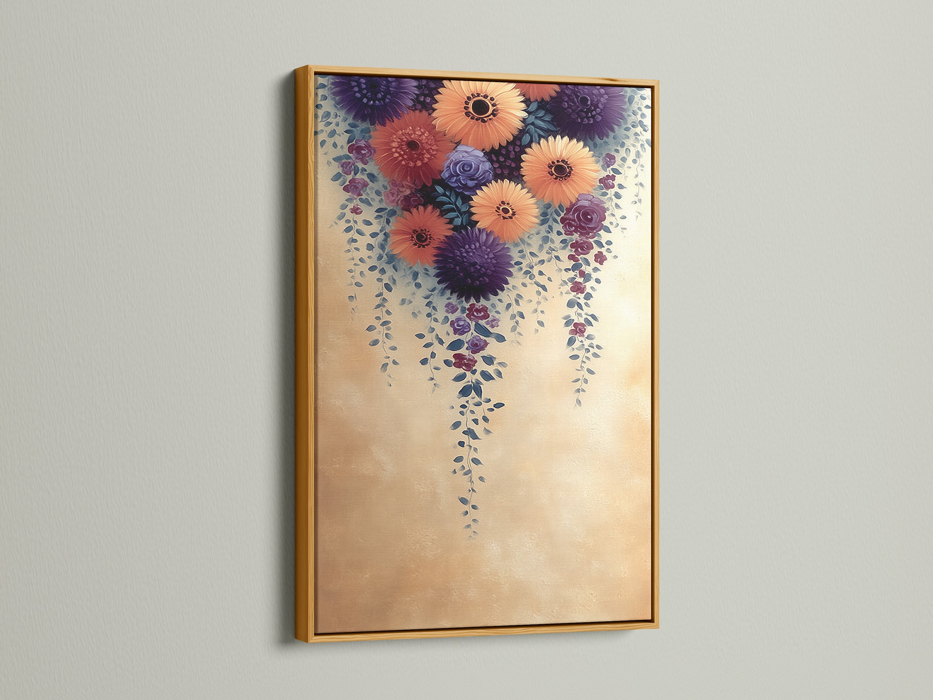 The Floral Cascade Canvas Print is radiant in a gold frame. This adds a touch of luxury to the purple and peach flower artwork. A sophisticated botanical piece for upscale decor. Enhance your living room or bedroom with this opulent touch