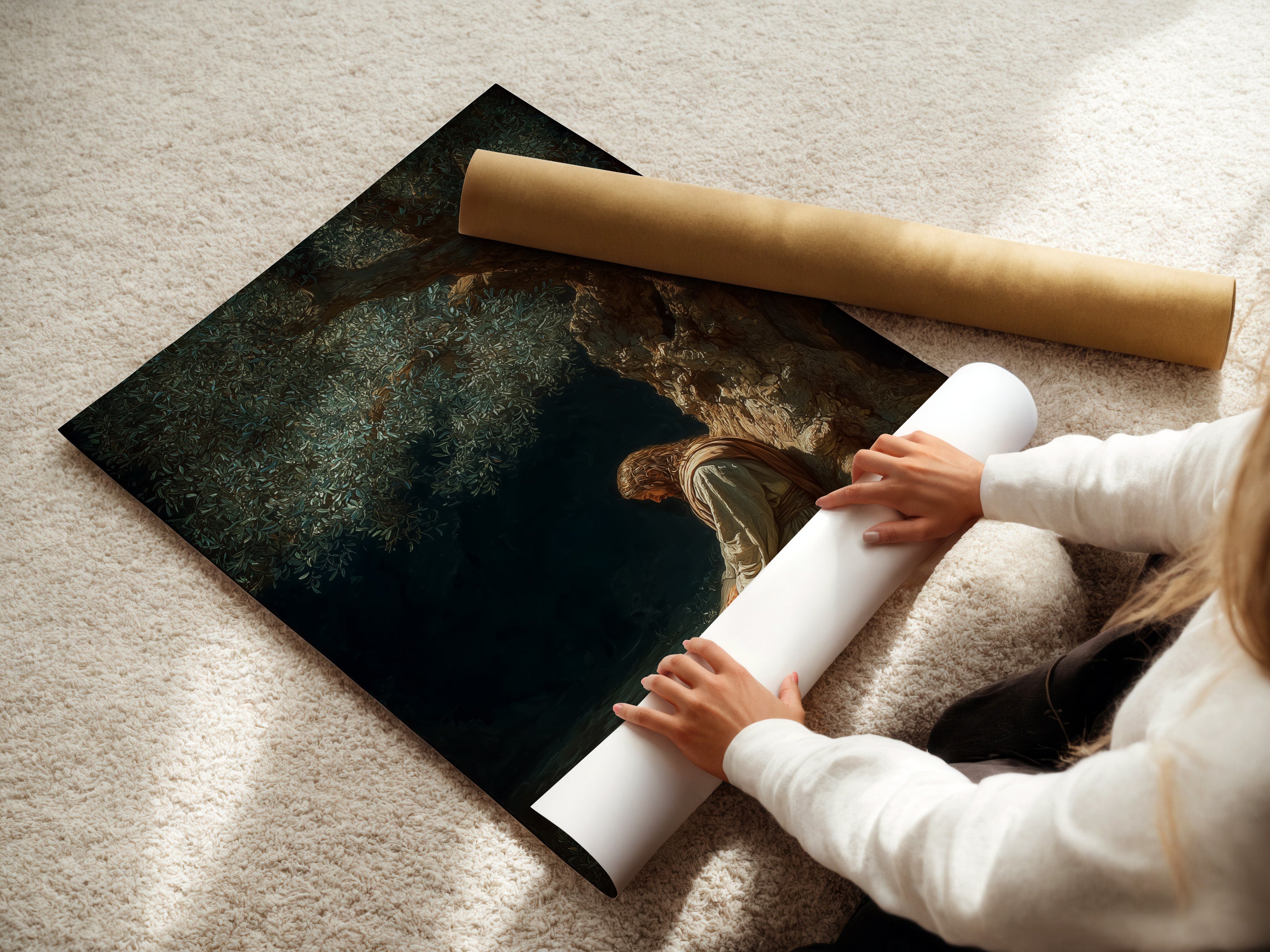 A woman is carefully rolling a fine art poster. The fine art poster paper is archival quality. This ensures longevity and preservations. High-quality materials enhance the artwork's beauty. Preserve your art with premium paper.
